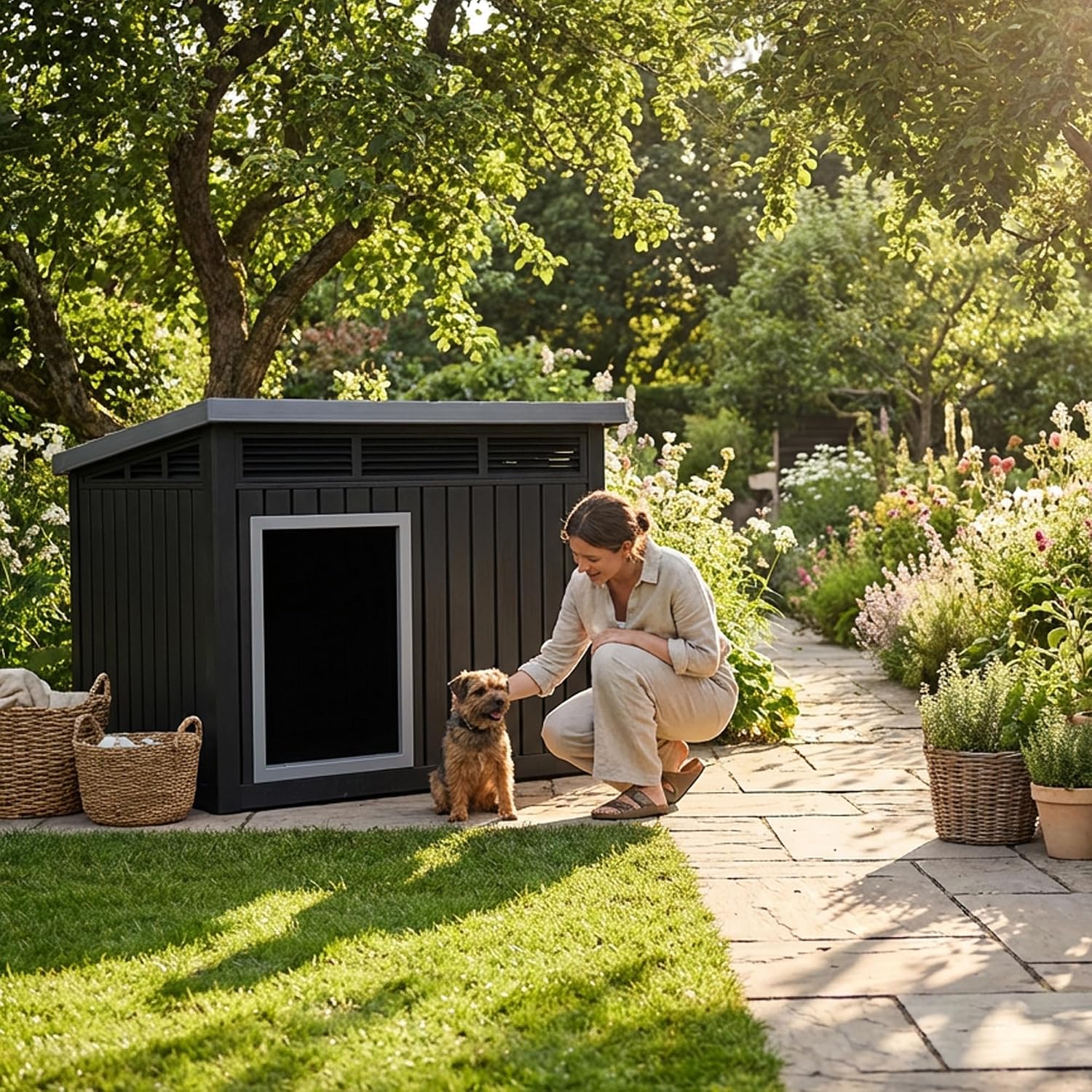 EasyUp Outdoor Dog House, Waterproof & UV Resistant Resin Dog Houses Shelter with Venetian Blinds and Open-Front Design, Large Dog House for Backyard, Patio(Black,32.2 * 25.12 * 24.13inch)
