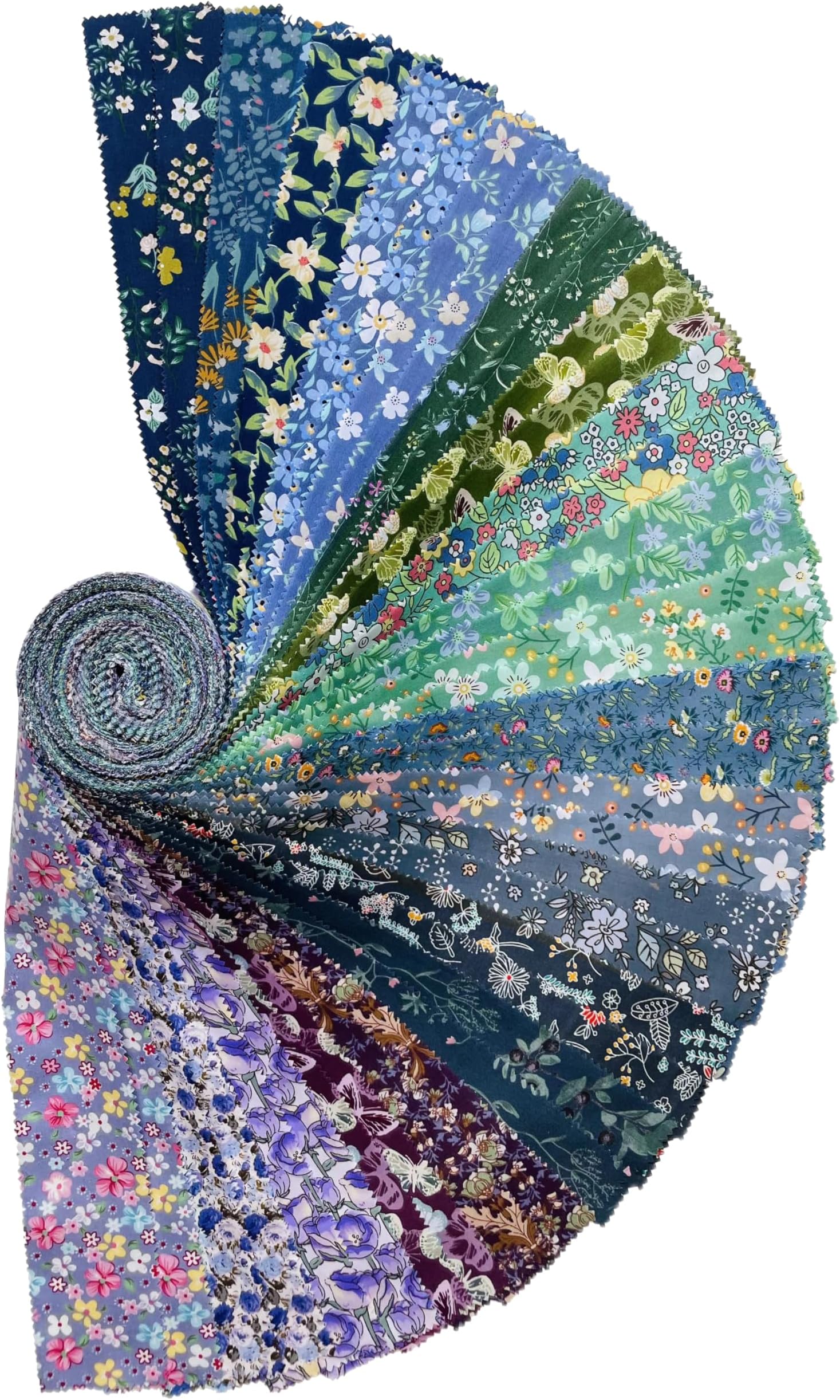 Jelly Roll Fabric 100% Cotton Quilting Fabric, 40 Pre-Cut Strips (2.5 x 44 Inch) for Quilting and Sewing - 20 Assorted Floral Prints -Cool