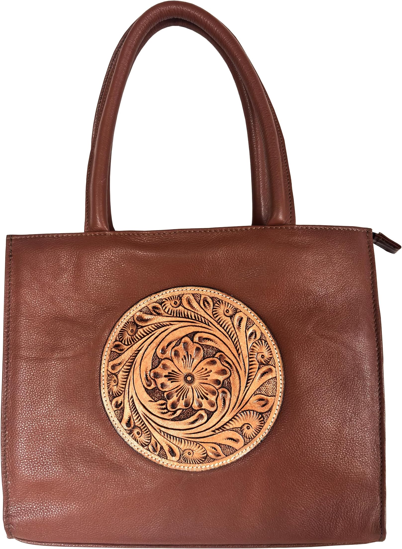 Brown Premium Genuine Leather Tote Bag for Women, Handmade Floral Tooled Leather Purse, Spacious Office & Daily Carry Bag