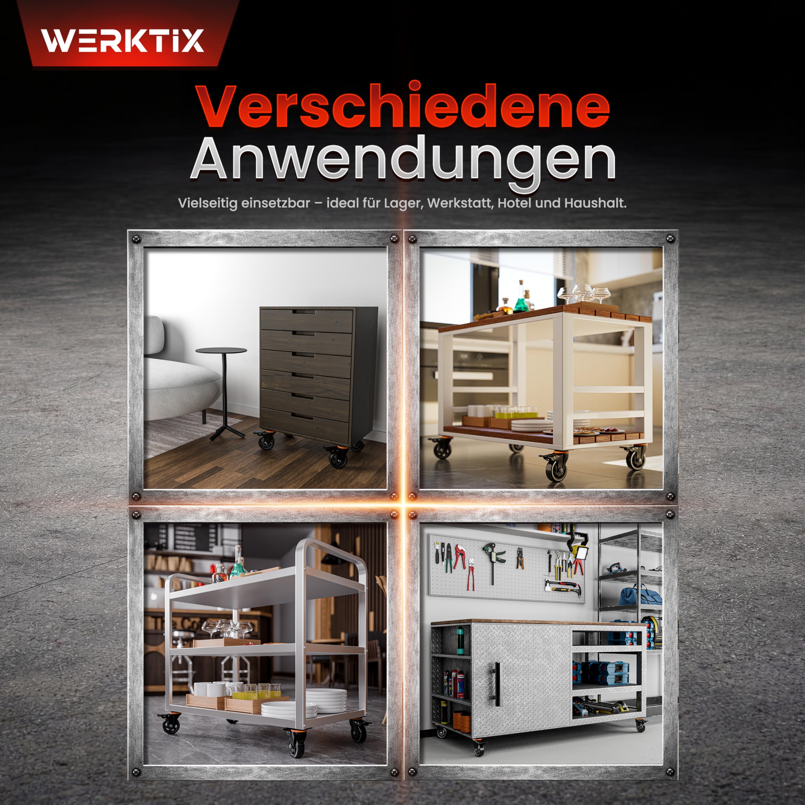 Schwerlastrollen 100mm – 4er Premium Set - 400kg Tragfähigkeit | 360° Lenkrollen für Möbel, Werkstatt & Industrie – Leise & Outdoor geeignet mit Dual-Bremse (Doppelstopp)