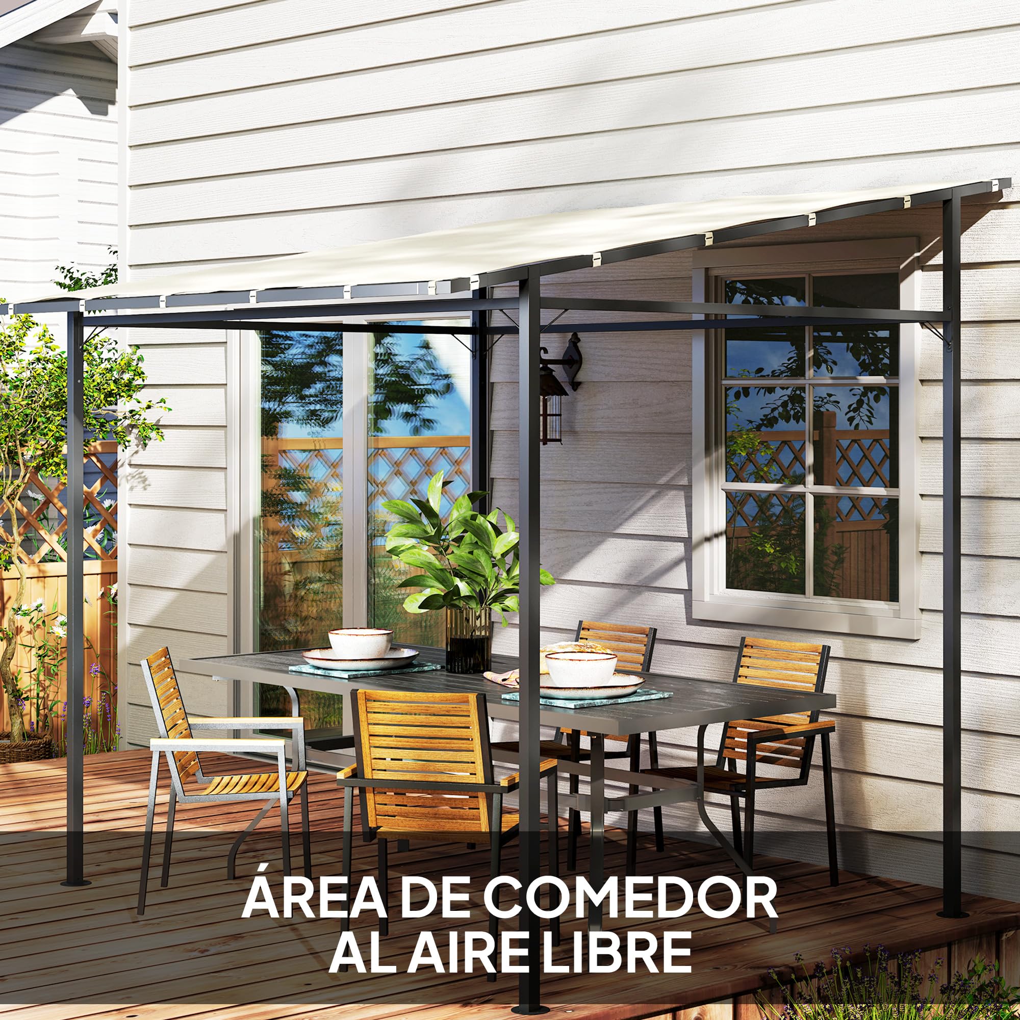Outsunny Pérgola de Pared 2,4x2,4 m Cenador de Jardín Protección UV 30+ con Techo Inclinado Impermeable y Marco de Metal para Terraza Patio Balcón Crema