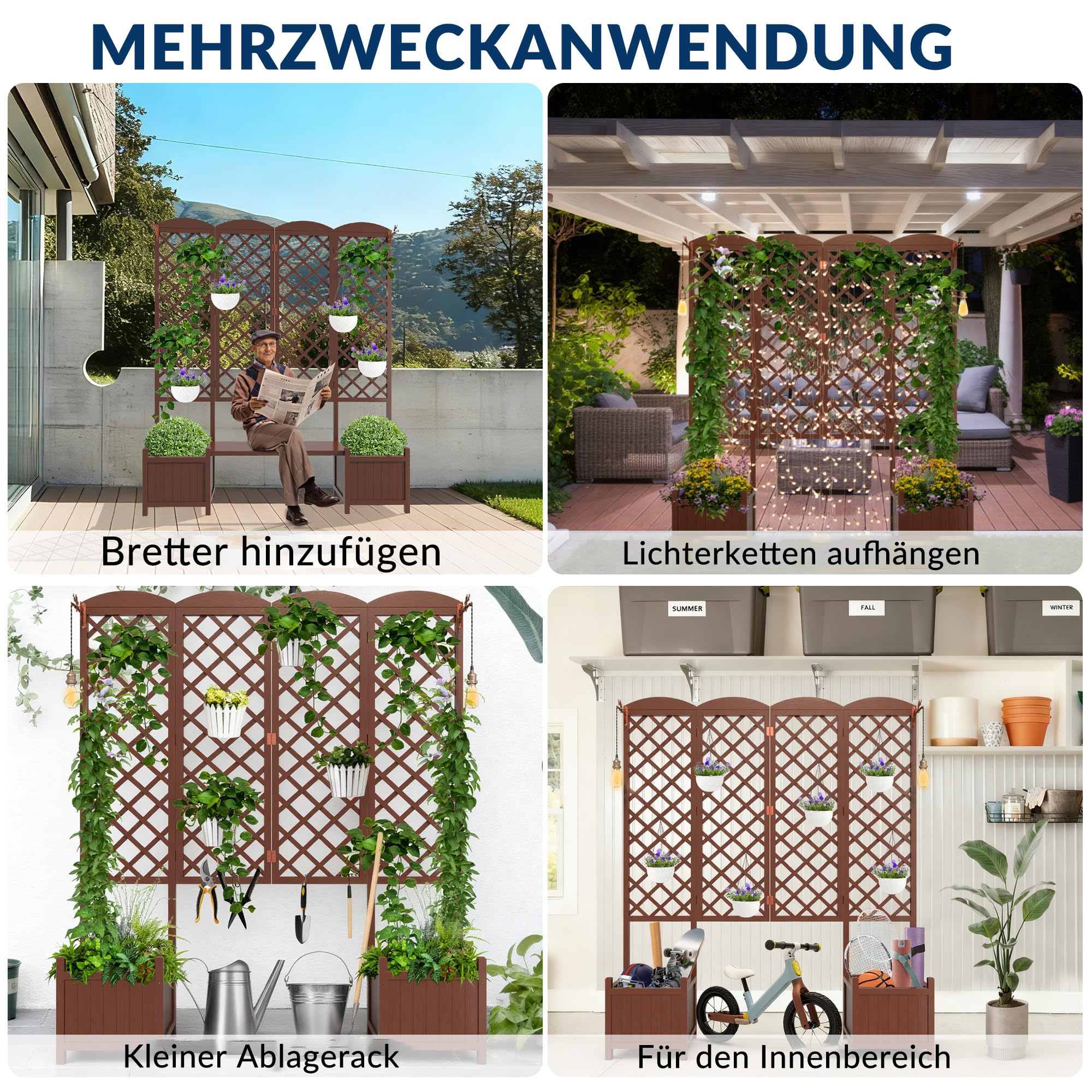 Cassetta da Giardino con Griglia Rampicante, Aiuola Rialzata Impermeabile in Legno di Abete 160x40,6x183cm, Schermo Privacy con Drenaggio per Piante Rampicanti, Frutta, Verdura(Confezione da 2 pezzi)