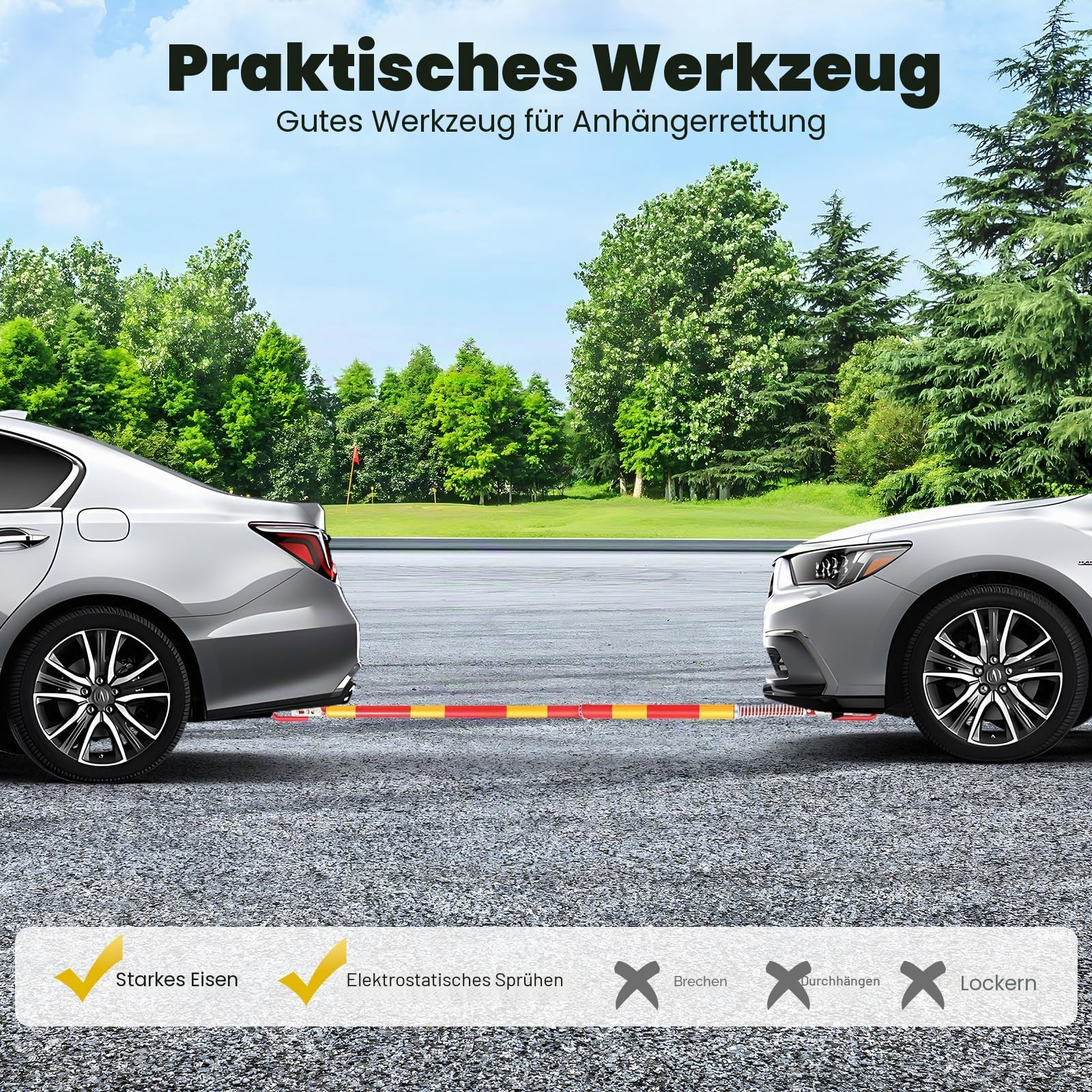 PKW KFZ Abschleppstange aus Stahl 5T, Schleppstange Pannenhilfe mit Federdämpfung, Abschleppseil Abschlepplänge 175cm, Anhängerkupplung Abschleppsystem Zugkraft 5000 kg