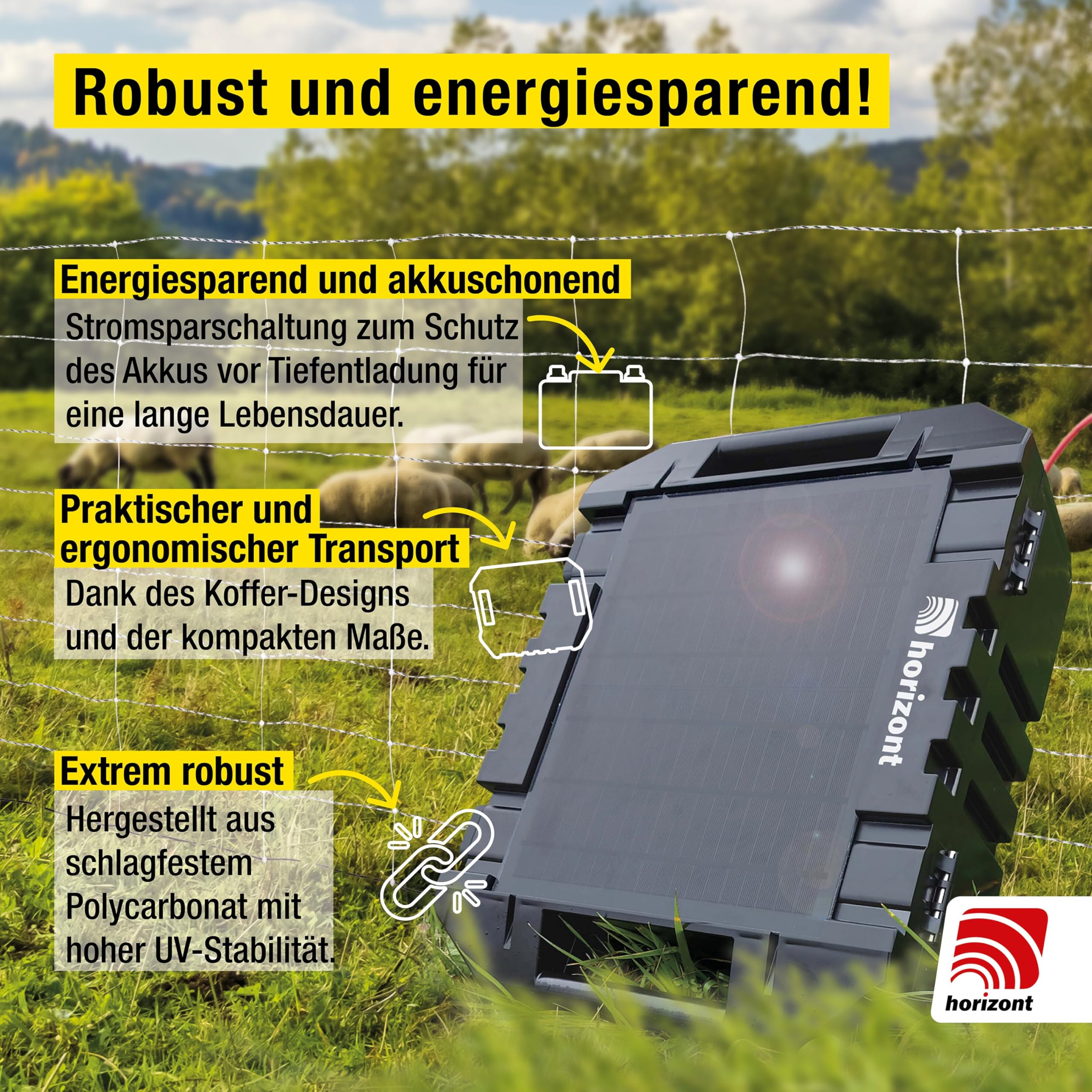 horizont Solar Weidezaungerät 12 V ranger ® AS1800SC - mit integriertem 15 W Solarpanel und 12 Ah Akku - für Zaunlängen bis zu 14 km oder 8 Elektronetze á 50 m, 11.800 V maximale Spannung