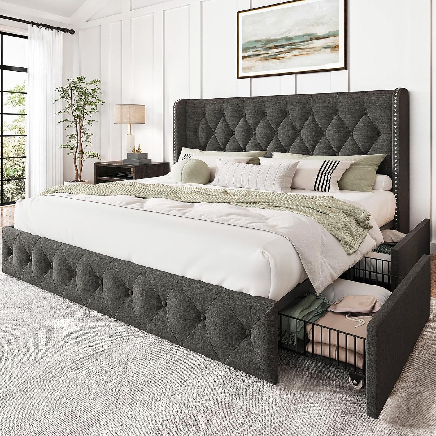 Amazon.com: LARMACE King Size Bed Frame Linen Upholstered Platform Bed ...