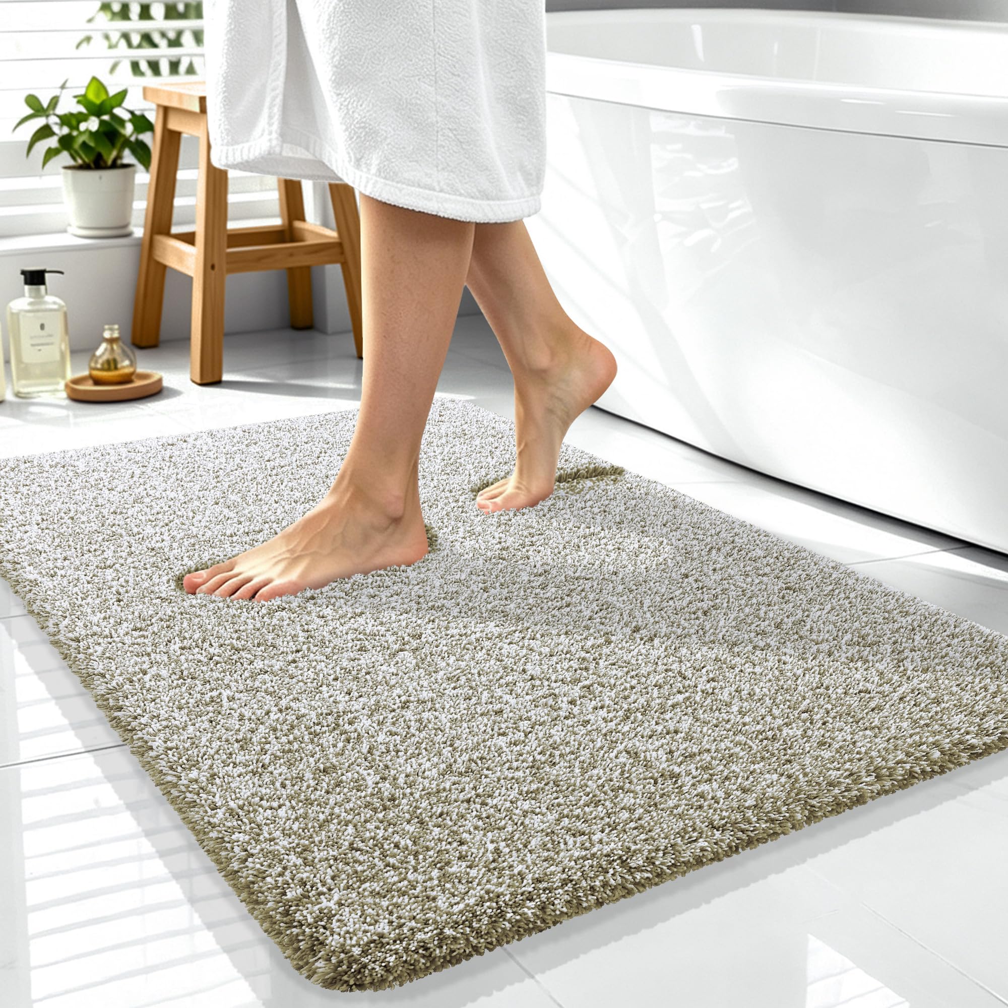 OLANLY Microfiber Bathroom Rugs 40x32, Quick Dry Mat, Moss Green and White