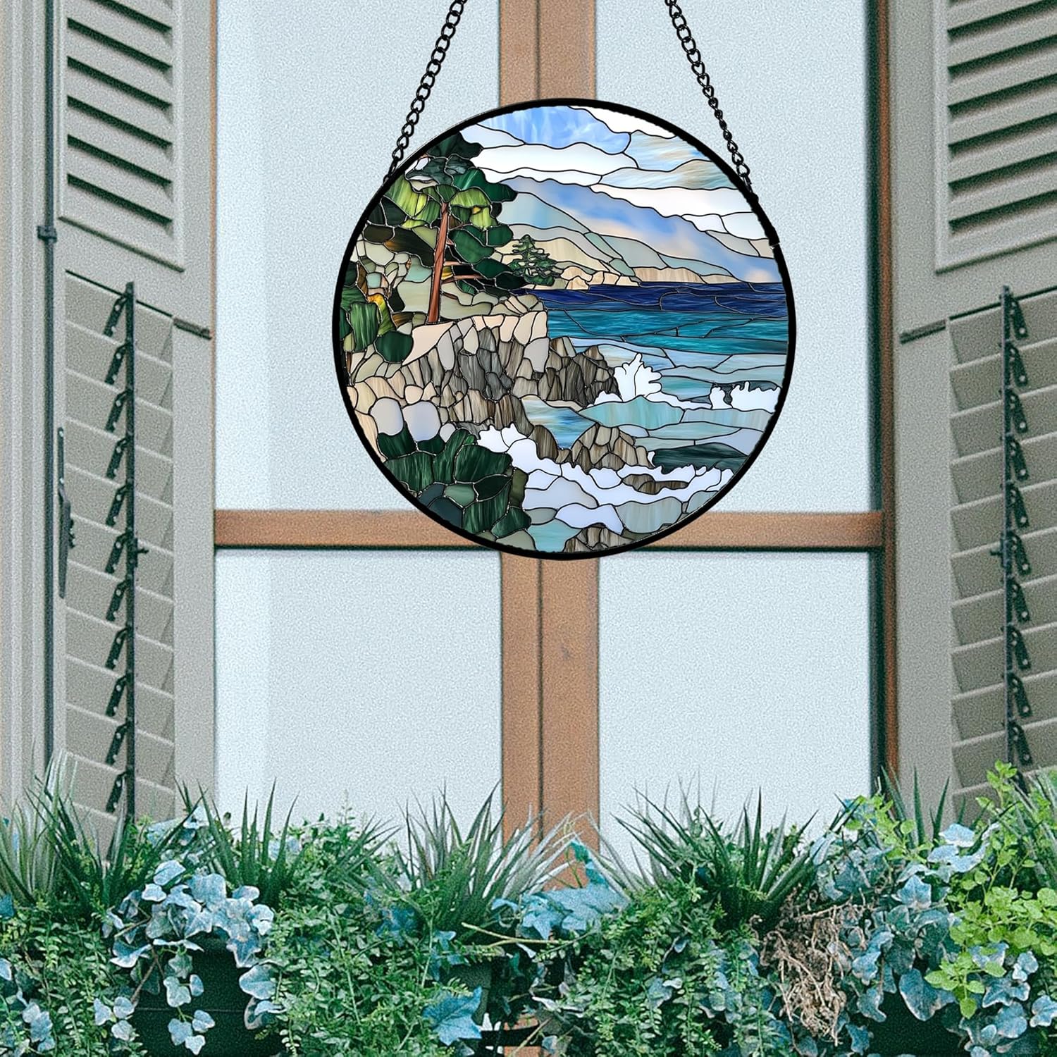 Stained Glass Window Hanging Blue Ocean Mountains Wave Landscape Large 15" - Suncatcher Door Garden Sun Catcher Home Decor Birthday Christmas for Men Mom Woman Wife Friend