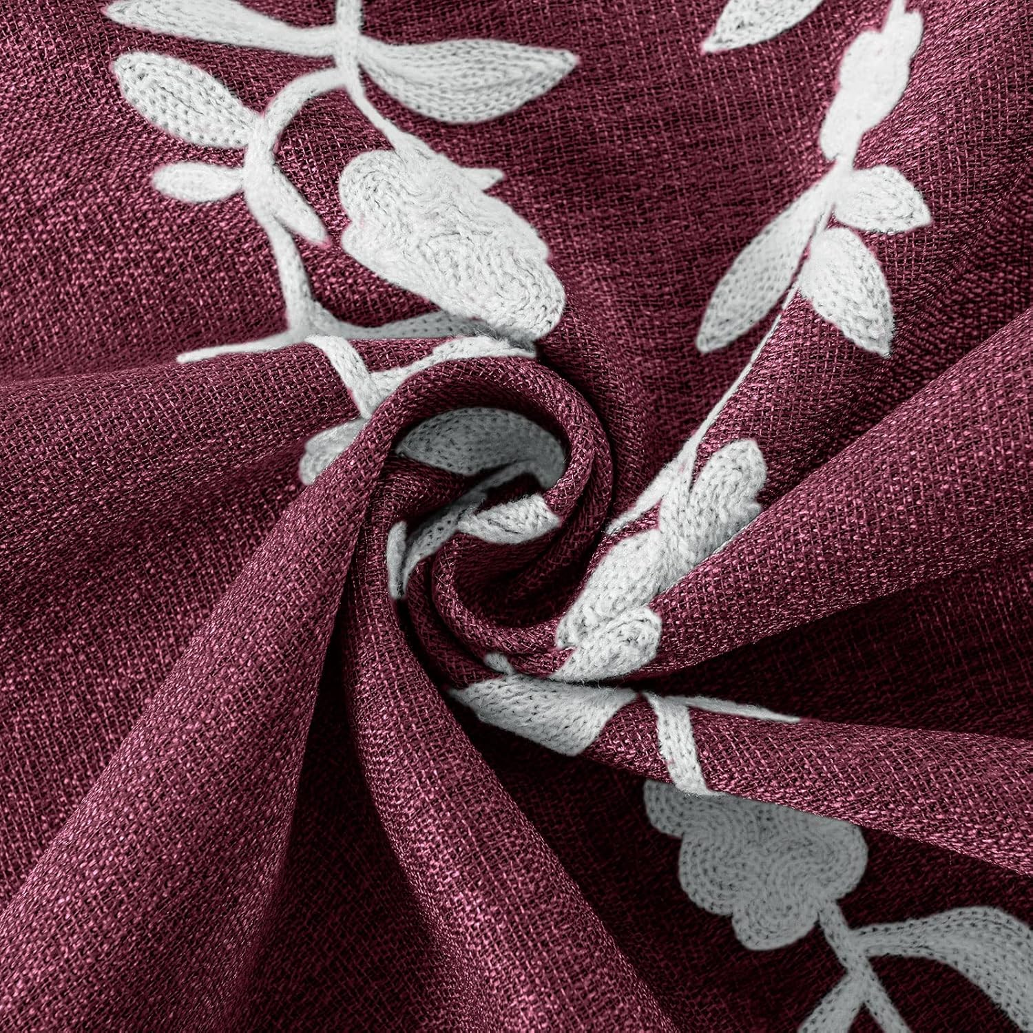 Melodieux Flower Embroidery Linen Blackout Burgundy Curtains for Living Room Bedroom Grommet Window Drape, White Flower, 52 by 84 Inch (1 Panel)