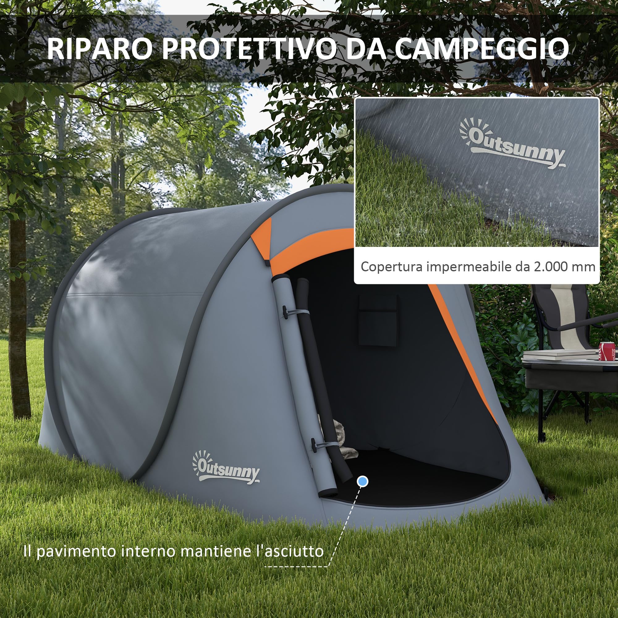 Tenda Da Campeggio Outsunny 2 Posti - Apertura Automatica, Acciaio E Oxford, Grigio/Nero, Accessori Inclusi - Foto 8