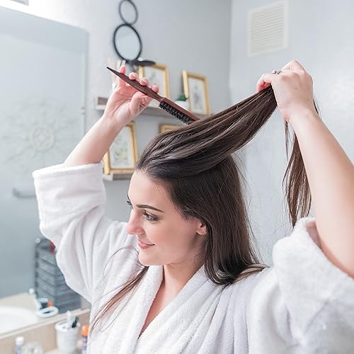 Miniatura 7 de Cepillo de cerdas de jabalí y nailon peine de burlas con cola de rata para secciones de cabello para control de bordes peinado alisado y peinado de