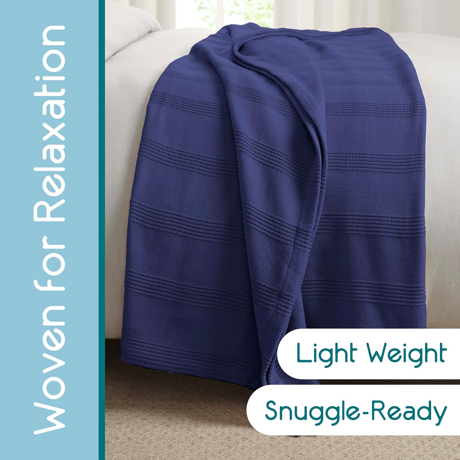 Full/Queen Size 100% Cotton Blanket | Super Soft Breathable Lightweight Throw Blanket | All-Season Knit Blanket | Versatile Hotel Luxury | Easy Care Queen Size | Navy - Image 6