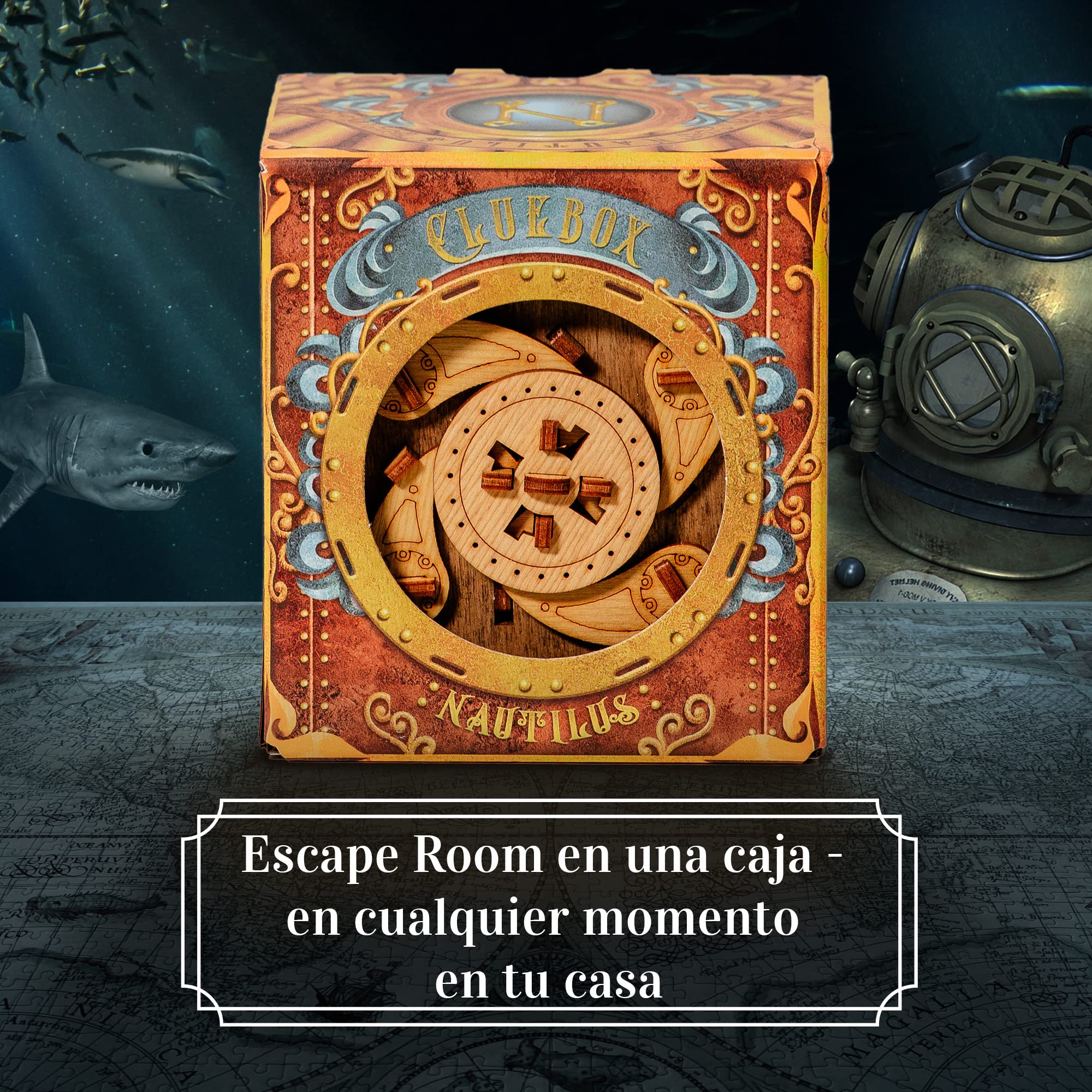 iDventure Cluebox - Capitán Nemo Nautilus - Juego de Escape Room - puzzle 3D de madera - caja misteriosa - caja secreta japonesa - regalo original - caja para dinero boda - rompecabezas para adultos