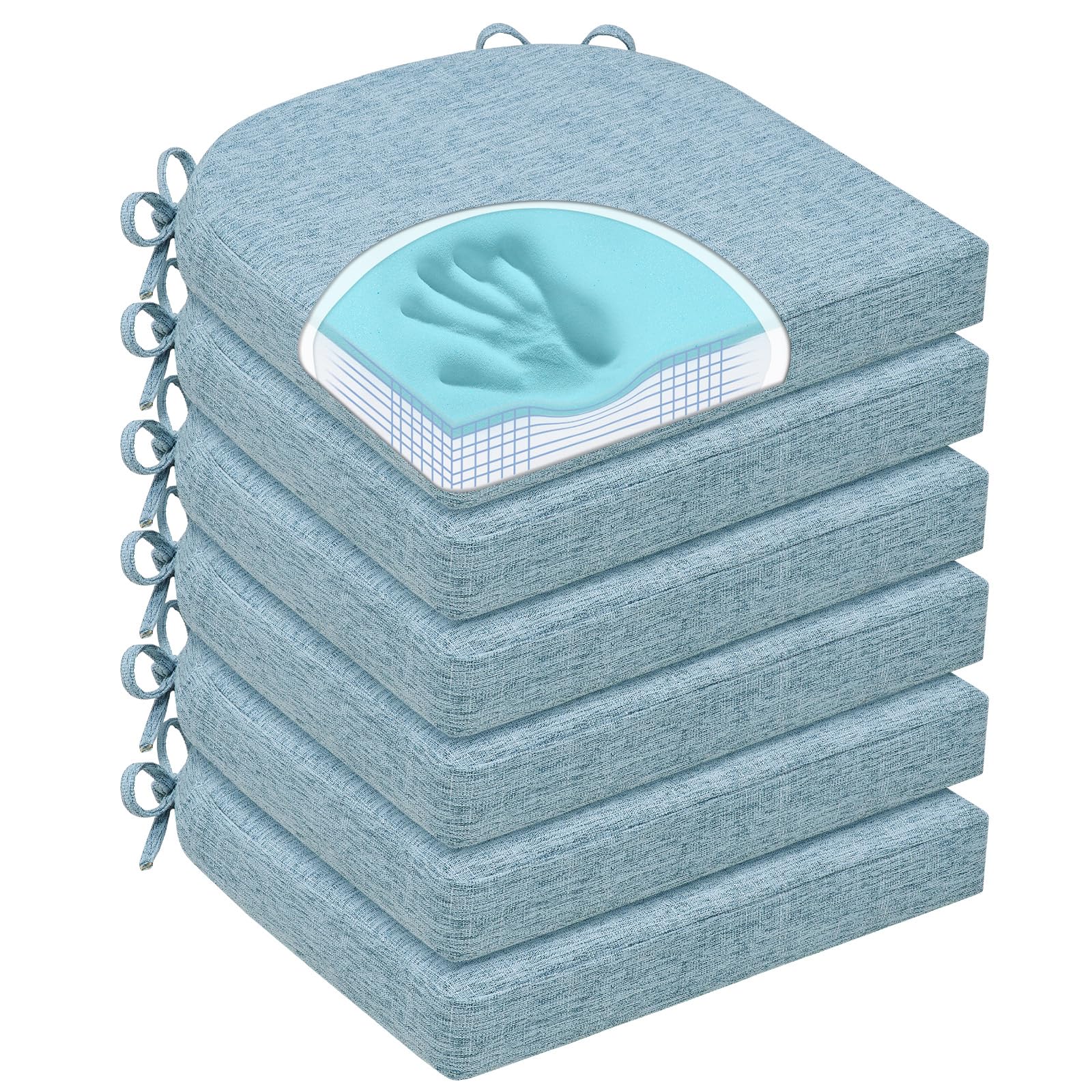 Chair Cushions for Dining Chairs, Non Slip Chair Pads with Ties and Washable Covers, Memory Foam Kitchen Chair Cushions Set of 6, 16"X16"X2.5", Light Blue