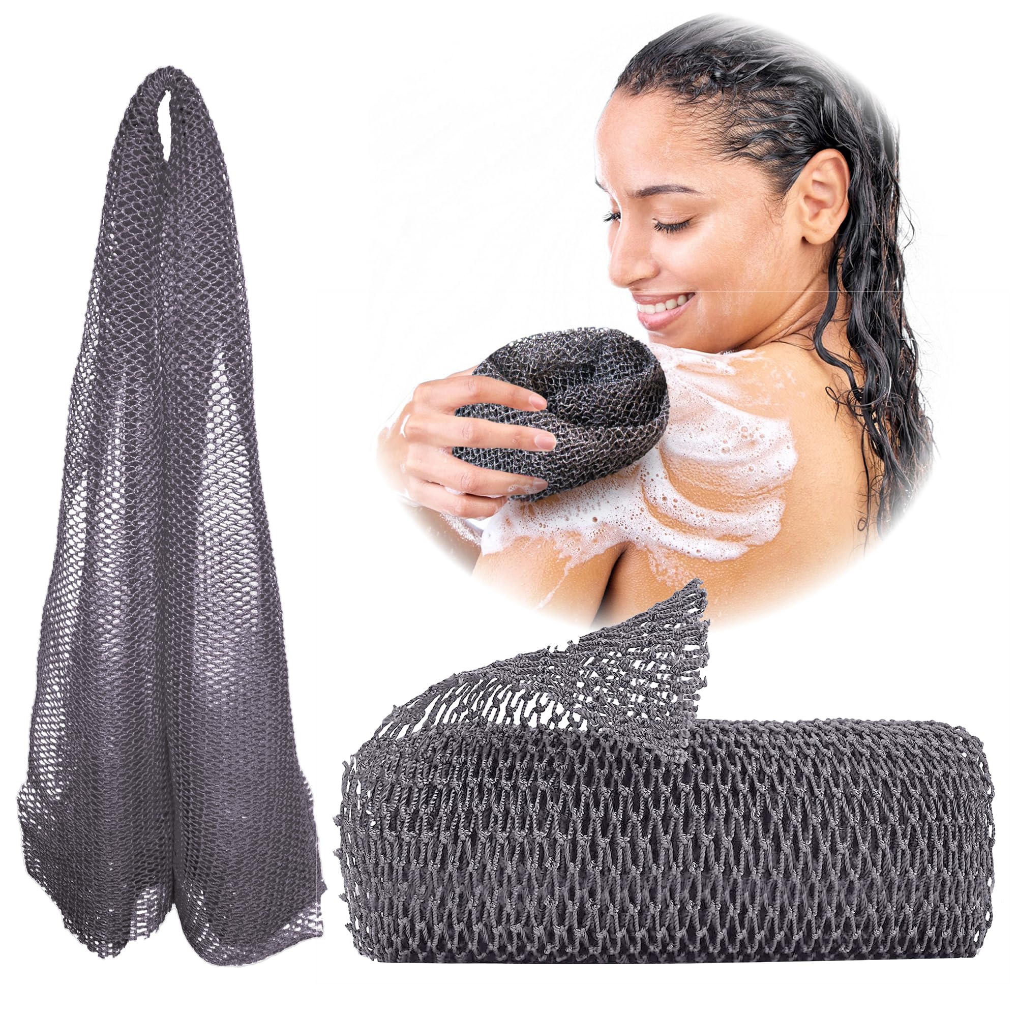 African Net Sponge, Authentic, Real, Black Owned, Exfoliating Bath Wash Cloth, Long Sponge, Body Exfoliator, Sapo, Shower Bath Accessories, Back Foot Scalp Scrub, Flat Dead Skin Remover (Grey)