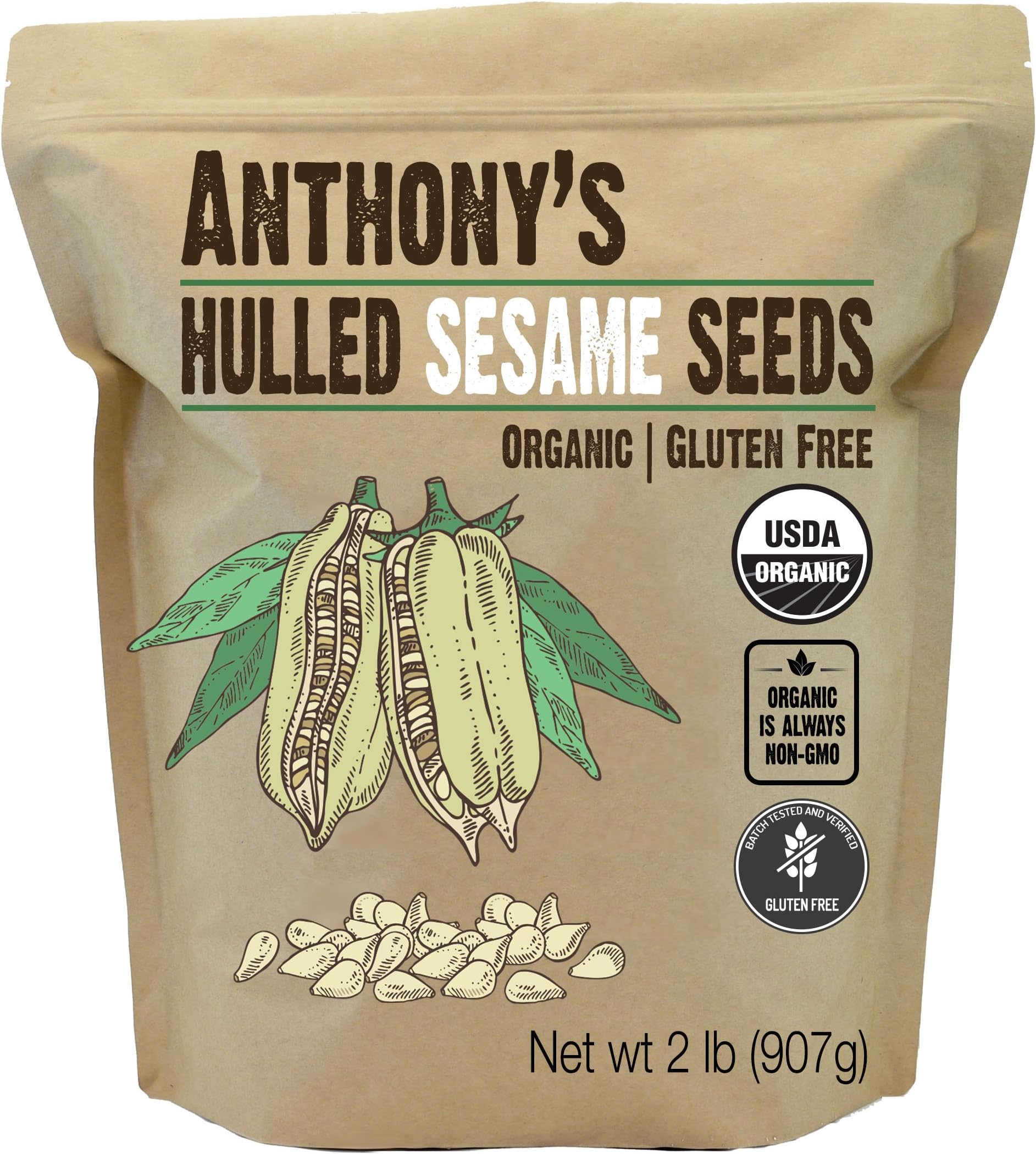 Anthony's Organic Hulled Sesame Seeds, 2 lb, White, Raw, Gluten Free, Non GMO, Keto Friendly