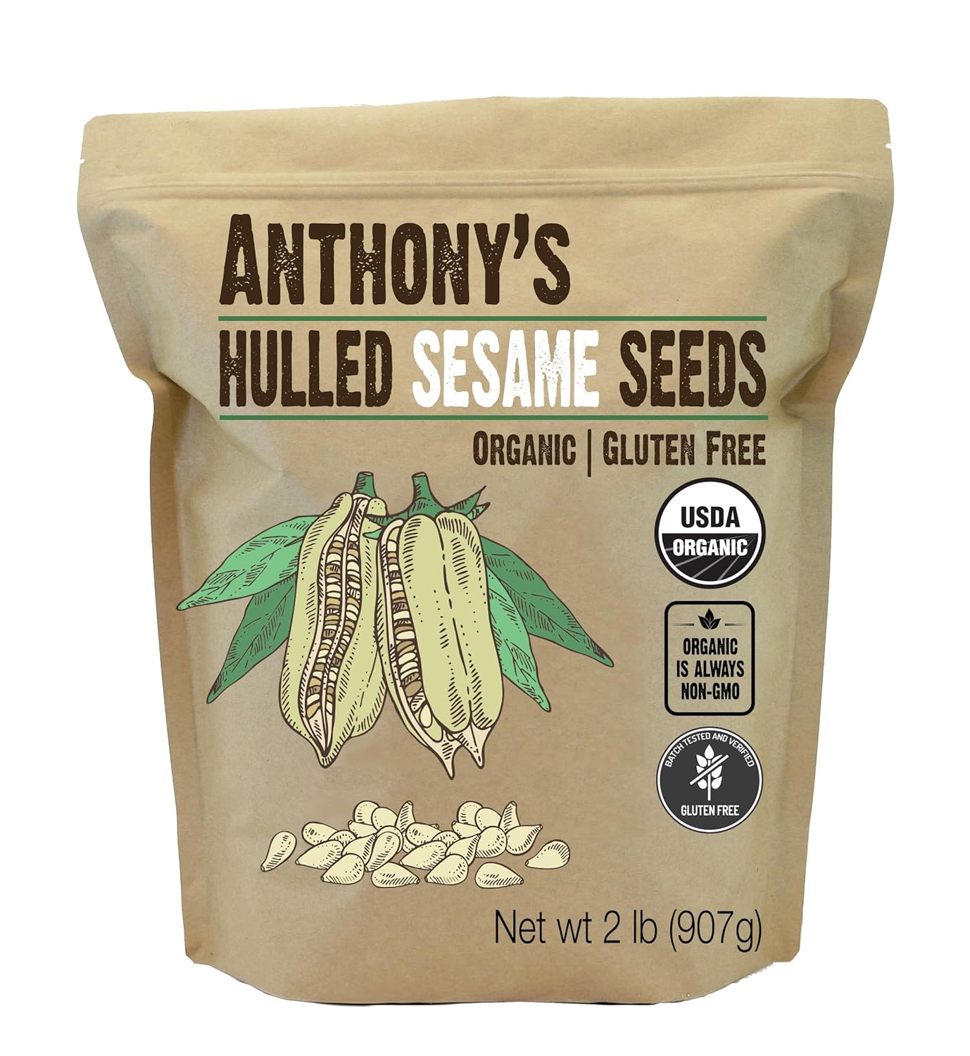 Anthony's Organic Hulled White Sesame Seeds, 2 lb - Raw, Gluten-Free, Non-GMO, Keto, Vegan Friendly