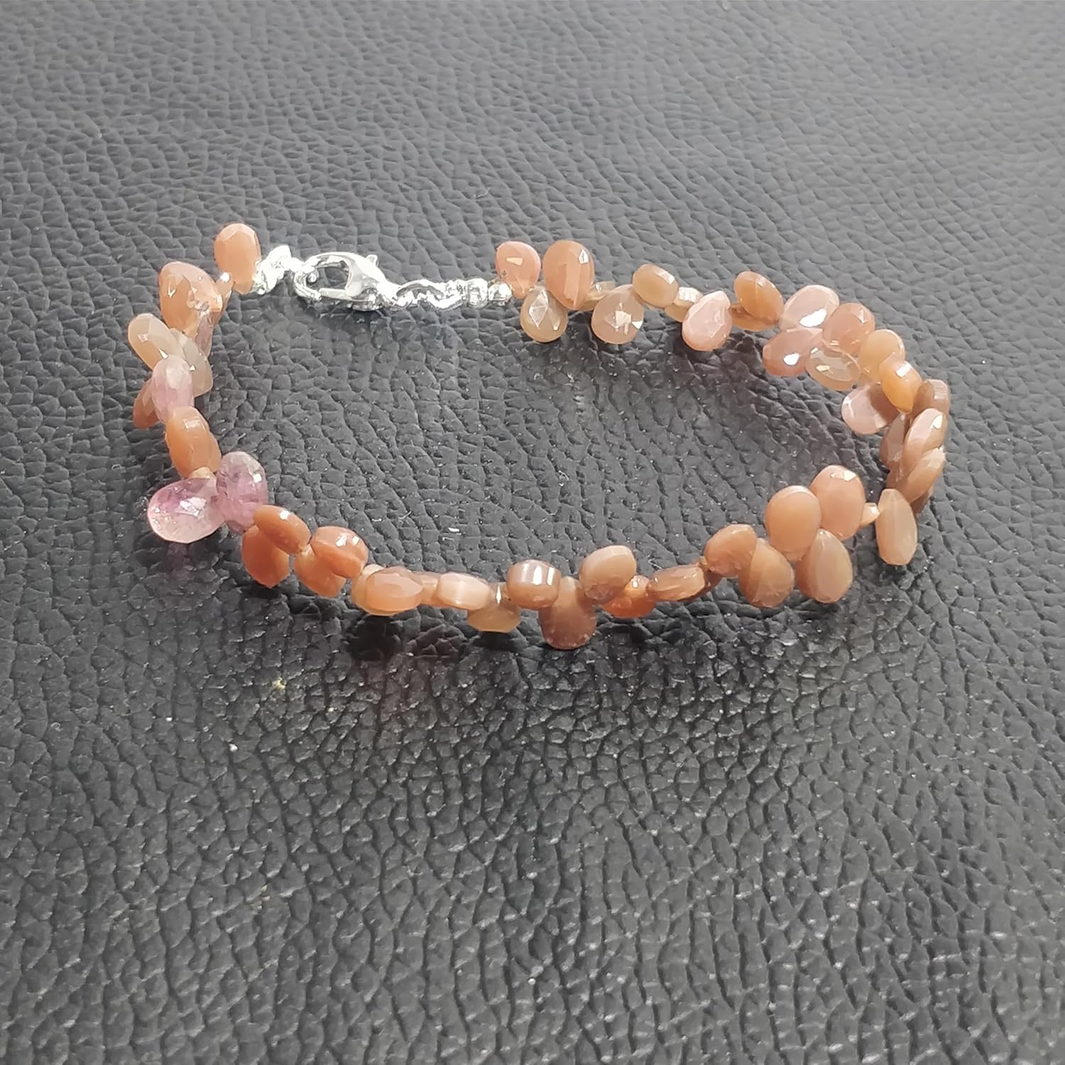 LKBEADS Natural chocolate moonstone gemstone 6x4 mm stacking bracelet | 7 inch | peach color, pear shape, faceted cut, stone | with silver plated clasp | handmade jewellry |LK_ESK_00083