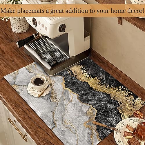 Miniatura 4 de Juego de 6 manteles individuales de mármol negro y dorado, lavables para mesa de cocina, comedor, resistentes al calor, para decoración de fiestas