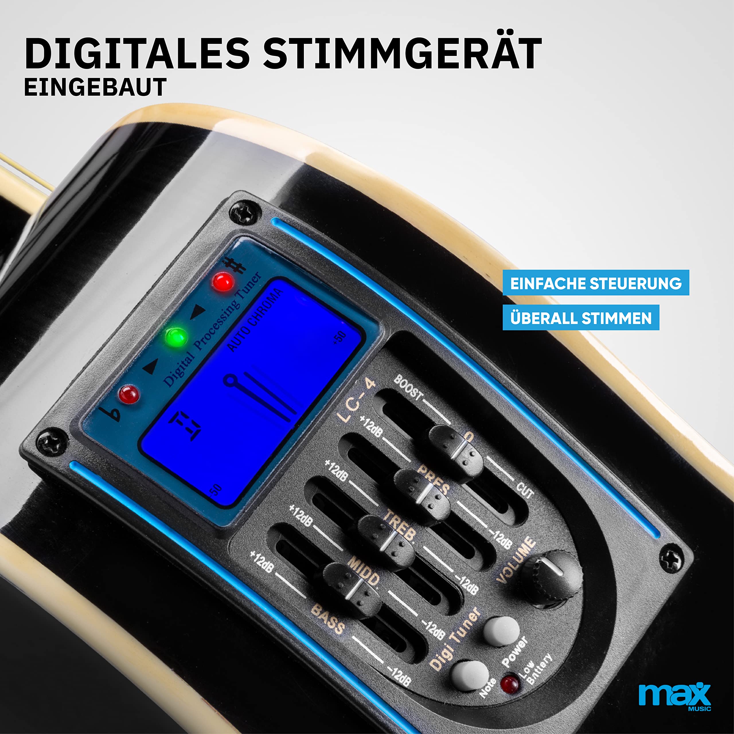 MAX ShowKit Elektro Akustik Gitarre Set mit Verstärker 40 Watt, Gitarrentasche, Gitarrenstimmgerät, Instrumentenkabel, Plektrum und E Akustikgitarre mit Tonabnehmer Schwarz