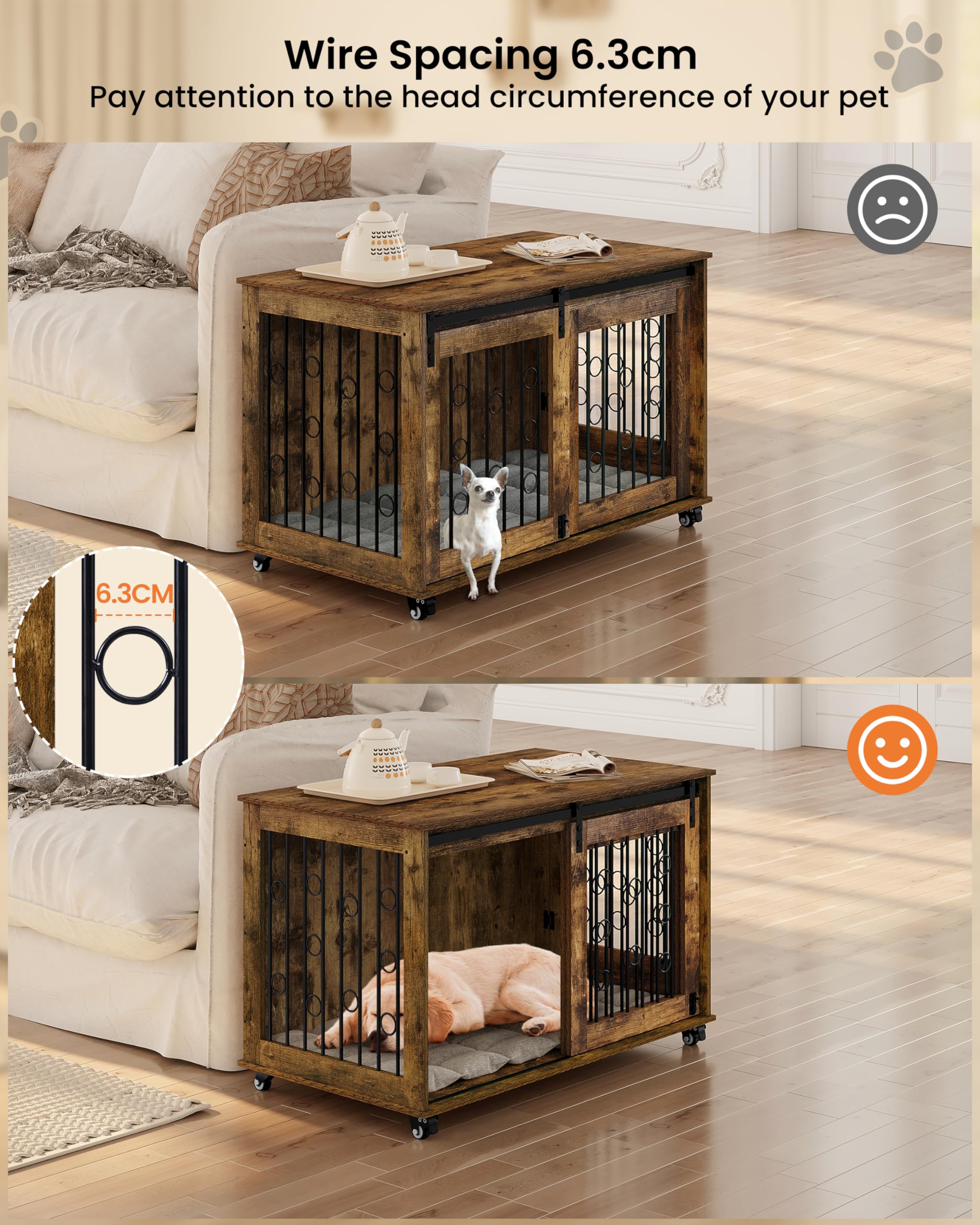 EUGAD 100cm Gabbia per Cani, Mobile Kennel per Cani da Interno, Kennel Cane in Legno con 2 Porte Ruote 360° Gabbie per Cane Medio Grande, Dog Crate Arredamento Marrone Vintage 100x56x65cm