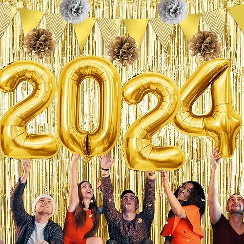 Miniatura 5 de Yawagor - Suministros para fiesta de Año Nuevo 2024, 42 decoraciones doradas para fiestas de Año Nuevo, juego de globos de aluminio de 36 pulgadas,