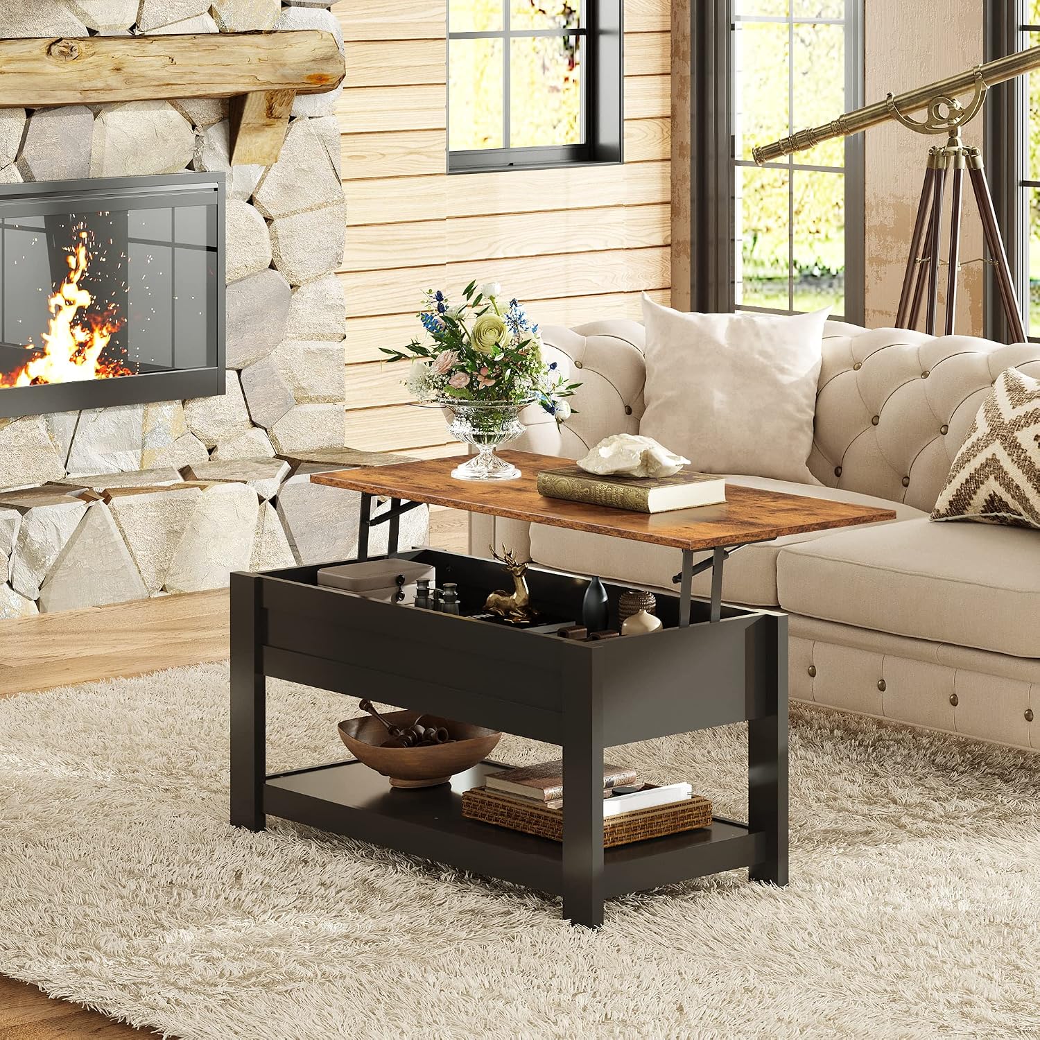 WLIVE Modern Lift Top Coffee Table,Rustic Coffee Table with Storage Shelf and Hidden Compartment,Wood Lift Tabletop for Home Living Room,Black,Rustic Brown.