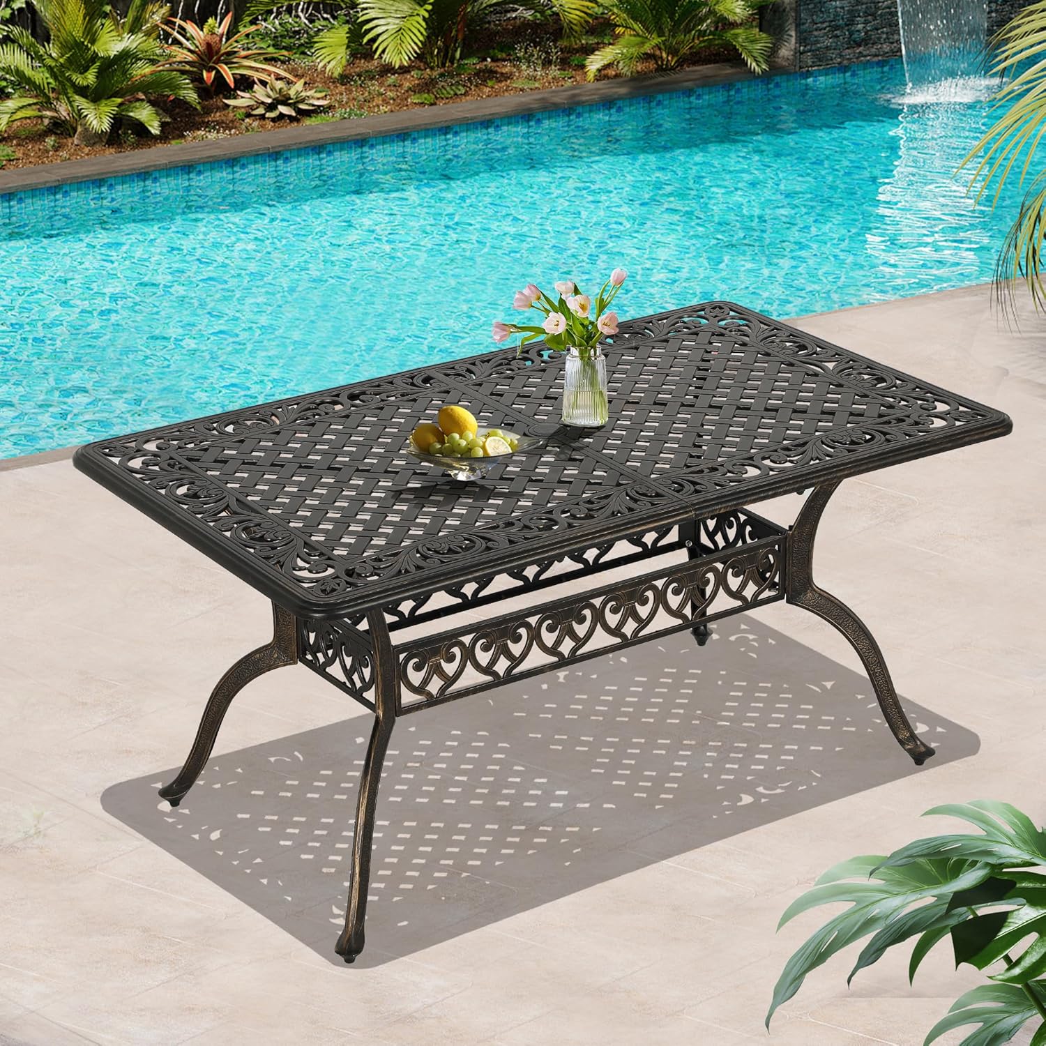 59in Rectangular Cast Aluminum Patio Bistro Table, Outdoor Dining Table with 2" Umbrella Hole, Weather-Resistant Table for Porch, Backyard, Bronze (59" Rectangular Table)