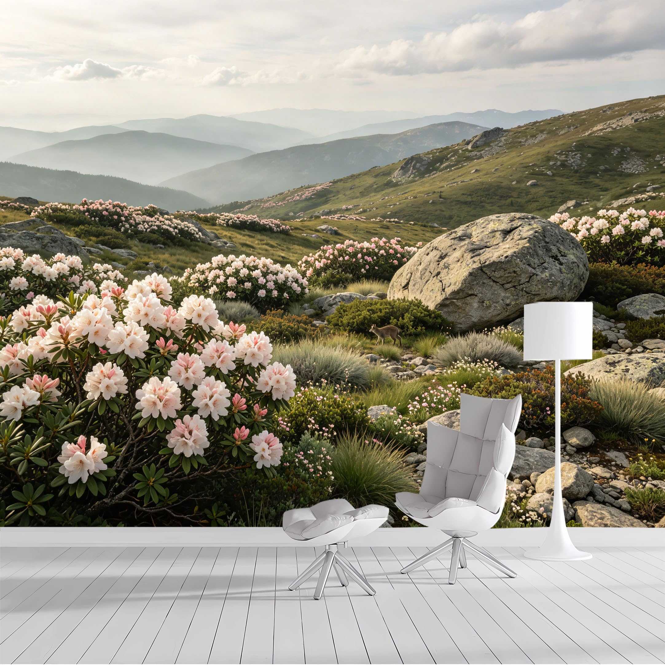 Custom Size Wall Mural Rhododendron Mountain Landscape Flower Meadow Pastel Tones Floral Panorama SelfAdhesive Wall Fabric Removable Peel and Stick Wallpaper for Living Room Bedroom Bathroom