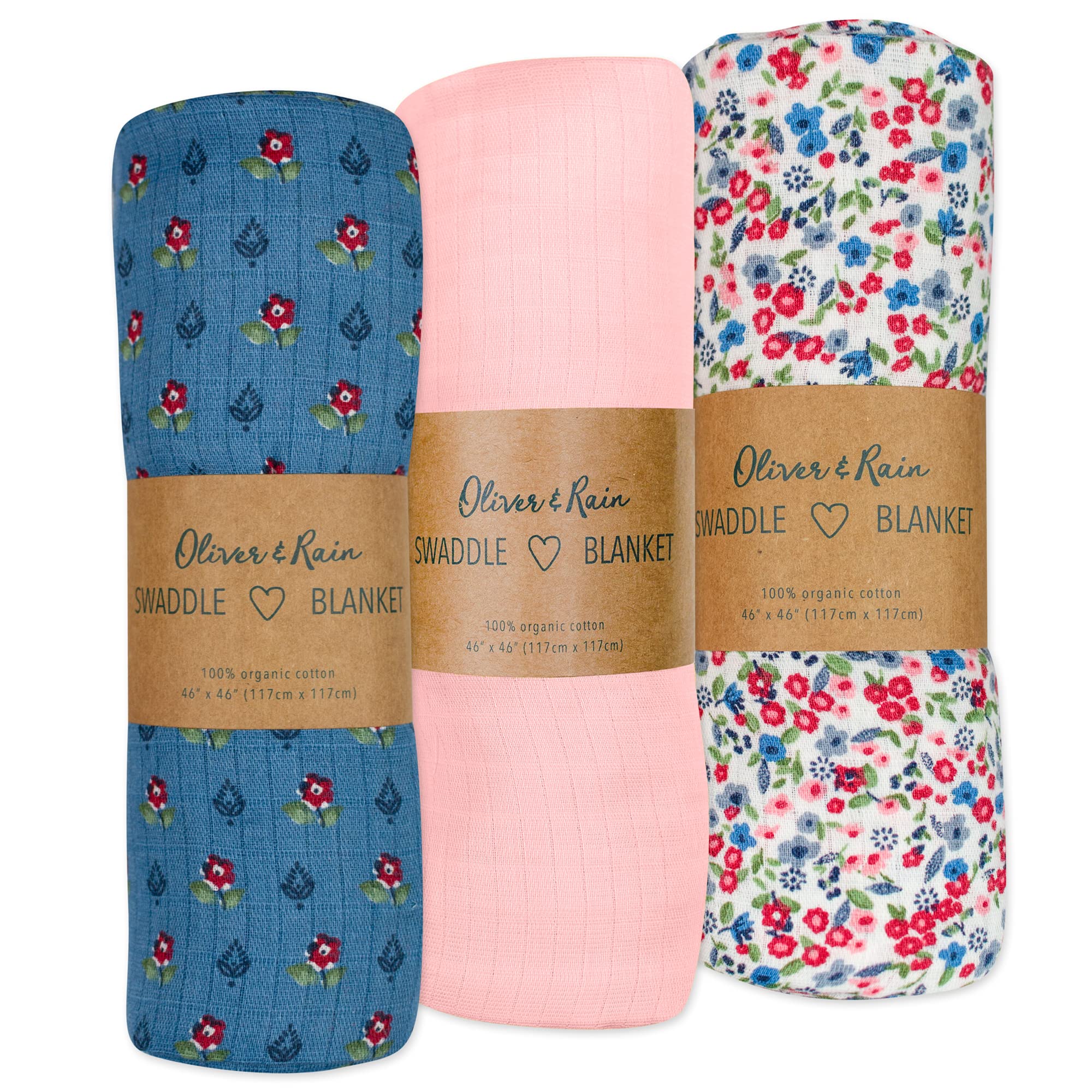 Organic Muslin Baby Girl Swaddle Blankets 3 Pack by Oliver & Rain Receiving Blanket, Mini Floral, Blue Floral, Pink