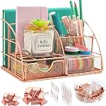 Rose Organisateur de bureau Gold avec 72PCS Accessoires Caddy de bureau en métal Mesh 6 Compartiments Pen Holder fournitures de bureau Organisateur pour les femmes Home Bureau École Dorm Salle de bureau Boîte de rangement