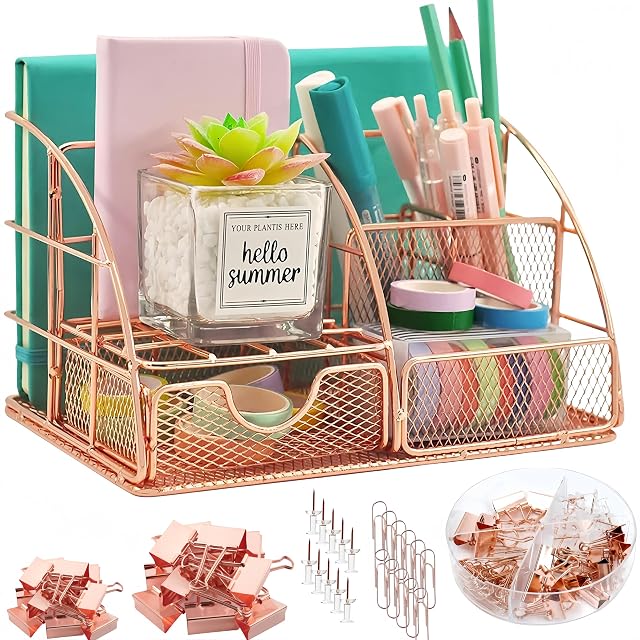 Rose Organisateur de bureau Gold avec 72PCS Accessoires Caddy de bureau en métal Mesh 6 Compartiments Pen Holder fournitures de bureau Organisateur pour les femmes Home Bureau École Dorm Salle de bureau Boîte de rangement