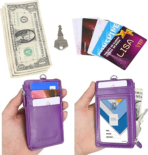 Miniatura 4 de Portatarjetas con cierre zipper, portatarjetas de cuero de PU doble cara Wisdompro y 1 ranura con mirador, 4 ranuras, 1 bolsillo con cierre lateral