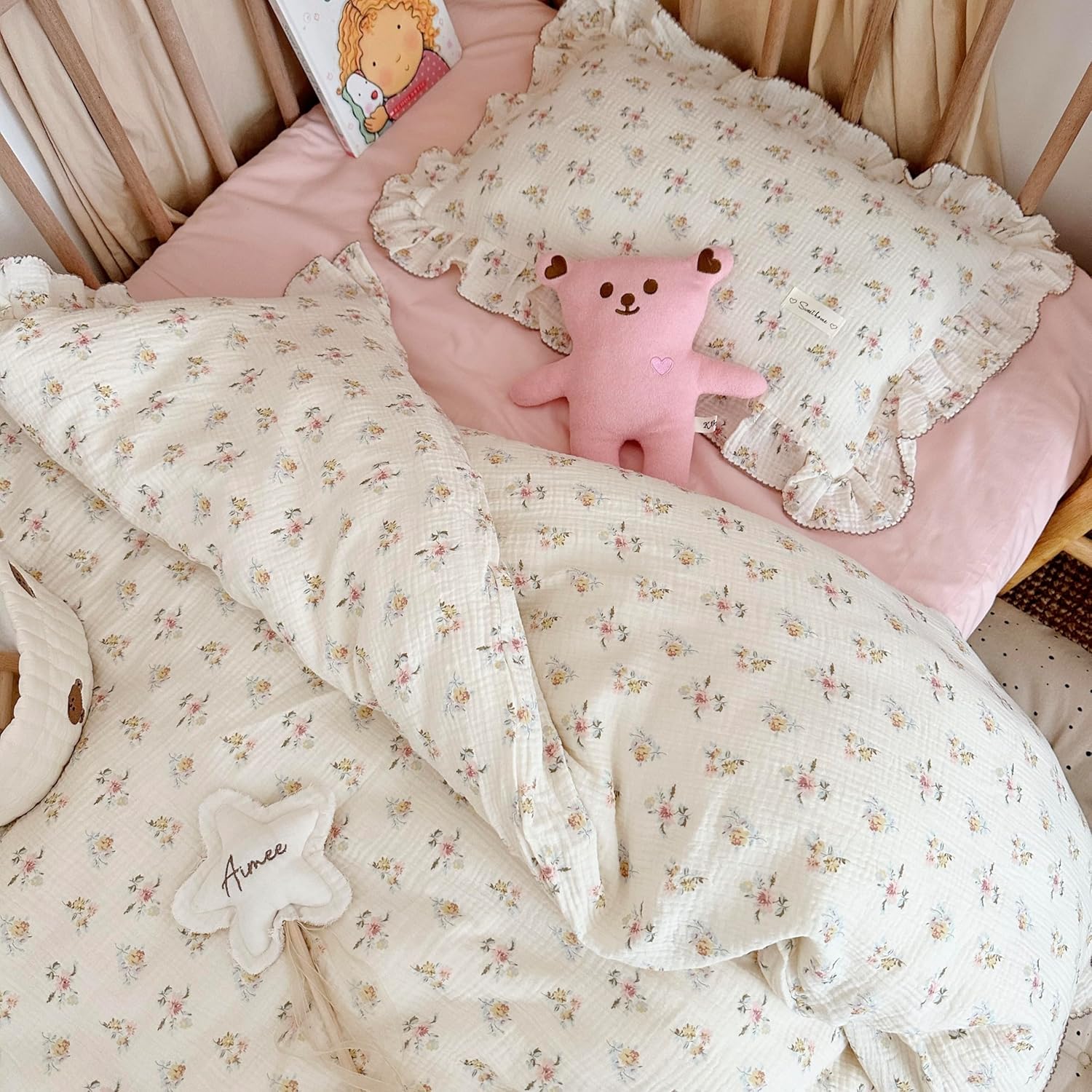 BuLuTu Azalea Duvet Cover + Pillow Case + Crib Sheets, Muslin Cotton Toddler Floral Bedding Set