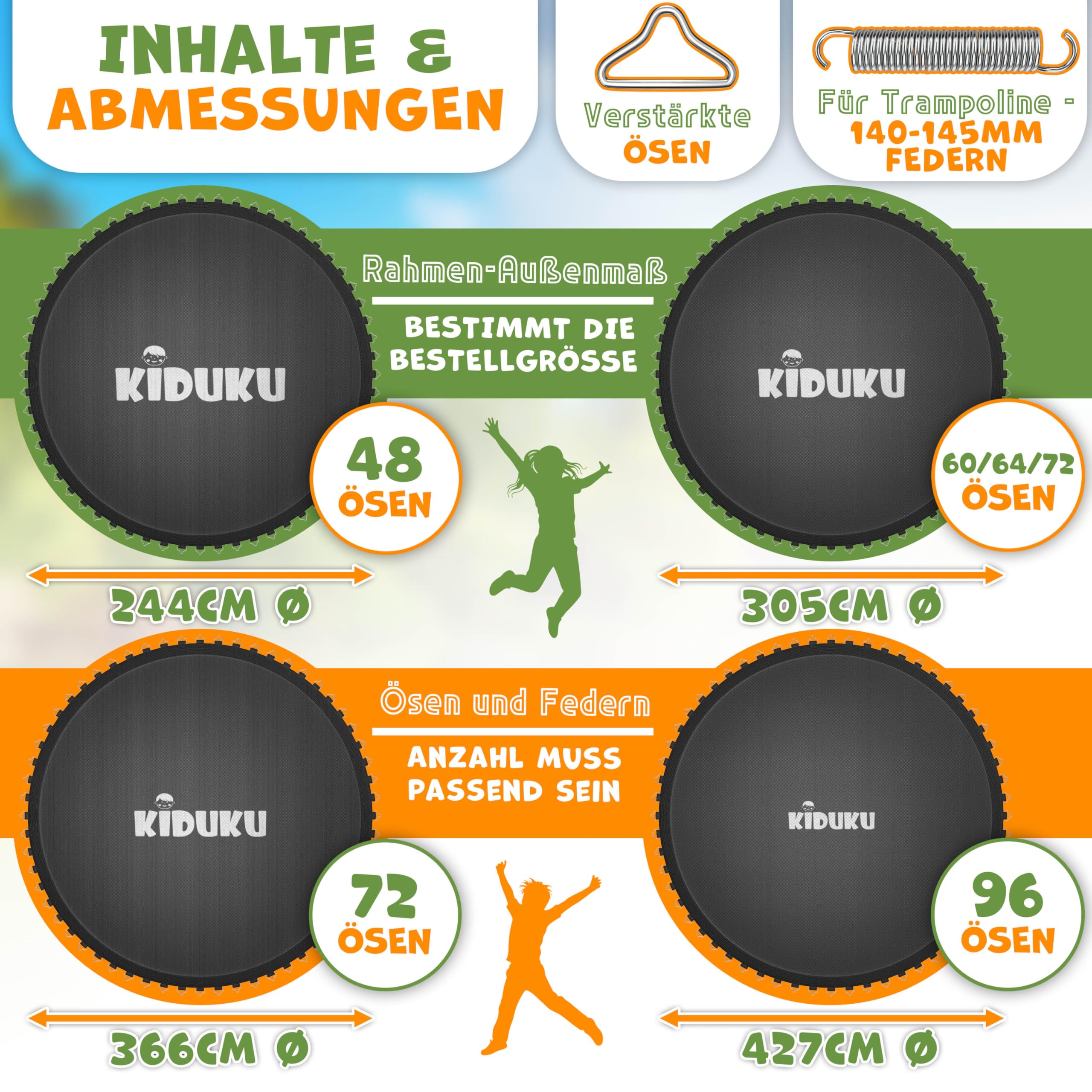 KIDUKU® Trampolin Sprungtuch Ø 244 305 366 427 cm | Ersatz Sprungmatte 48-96 Ösen UV-Beständig & Wetterfest | Zubehör Ersatzmatte Garten-Trampolin | Trampolinsprungtuch 260g/m² PP
