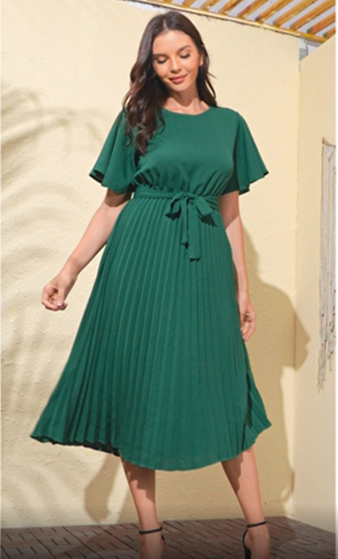 Milumia Women's Elegant Belted Pleated Flounce Sleeve Long Dress Mint Green  Plain Large at Amazon Women's Clothing store