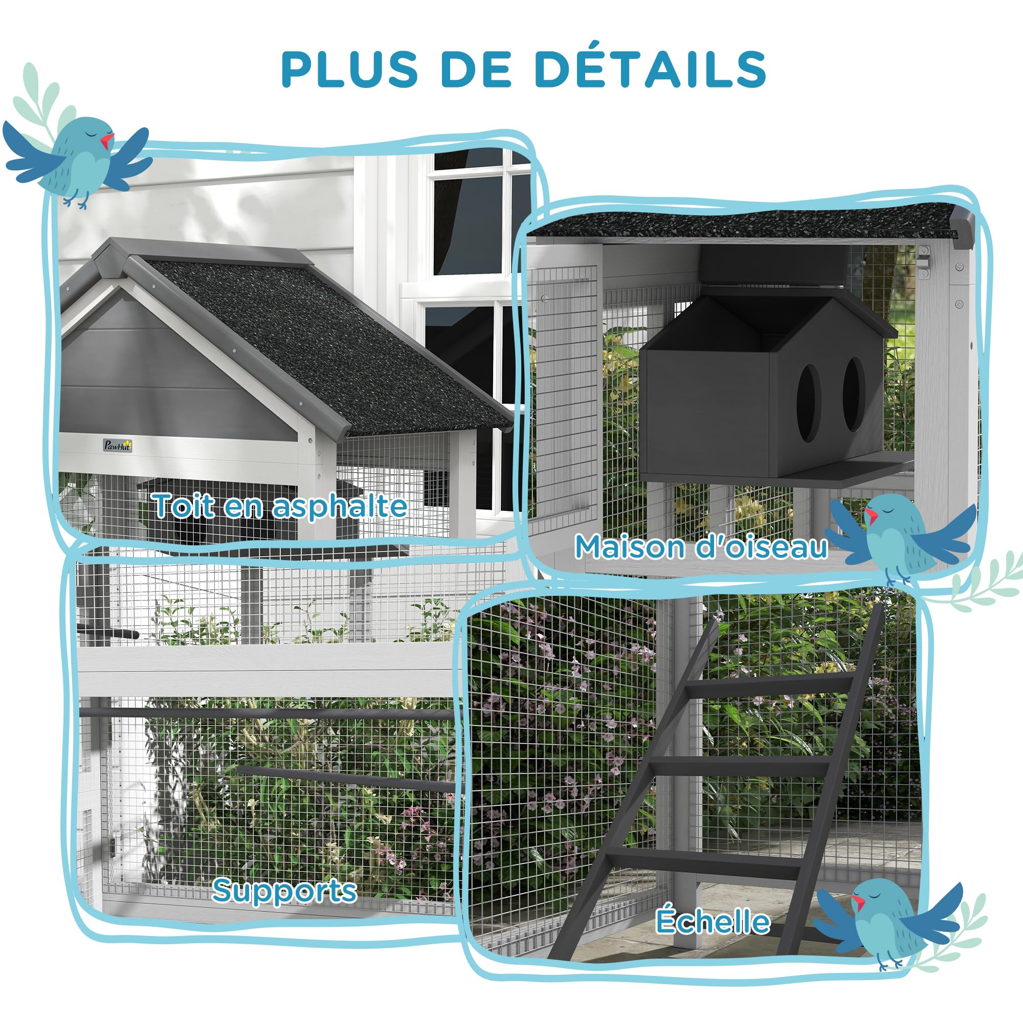 PawHut Cage à Oiseaux en Bois, Cage Perroquet, Aire de Jeux, volière Oiseaux extérieur, Toit Asphalte imperméable, pour Perruche, calopsitte, Conure, canaris, 92 x 52 x 171 cm, Gris
