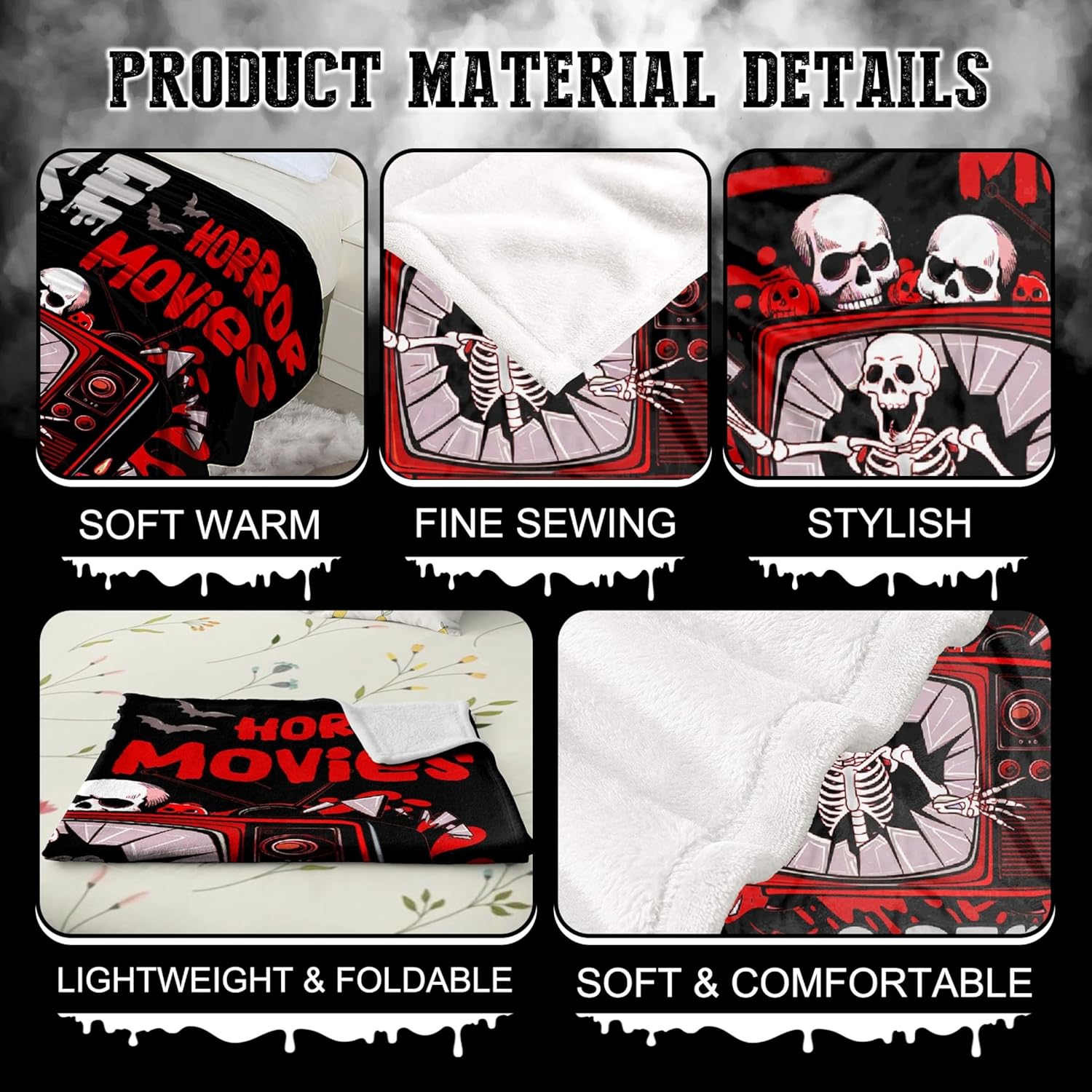 Horror Throw Blanket, I Like Horror Movies Gifts for Kids Adults, Soft Flannel Skull Blankets Quilts for Bed Sofa,Halloween Decoration for Bedroom,40"x50"
