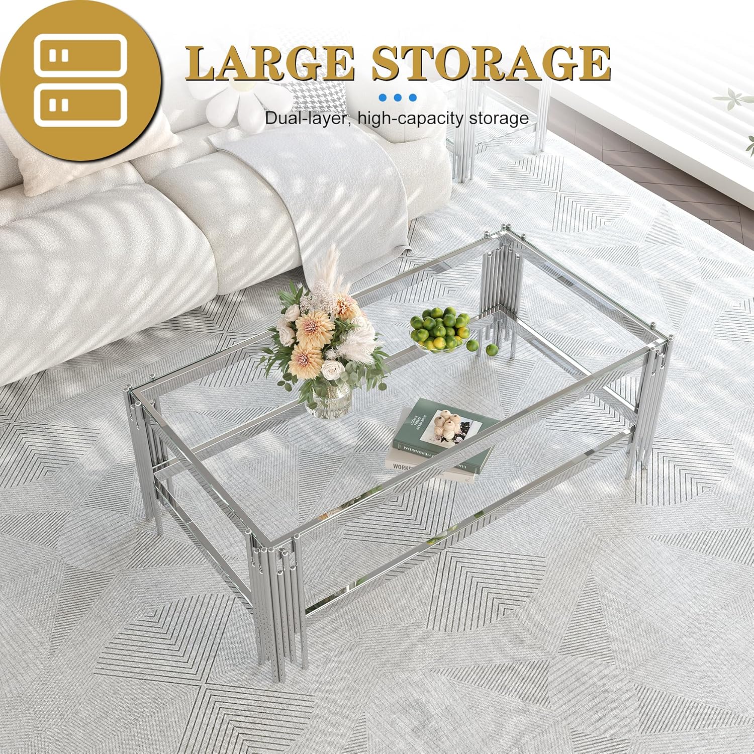 AF ARTISAN FURNITURE Luxury 48" Clear Glass Coffee Table, 2-Tier Silver Stainless Steel Center Table with Storage for Modern Living Room or Office