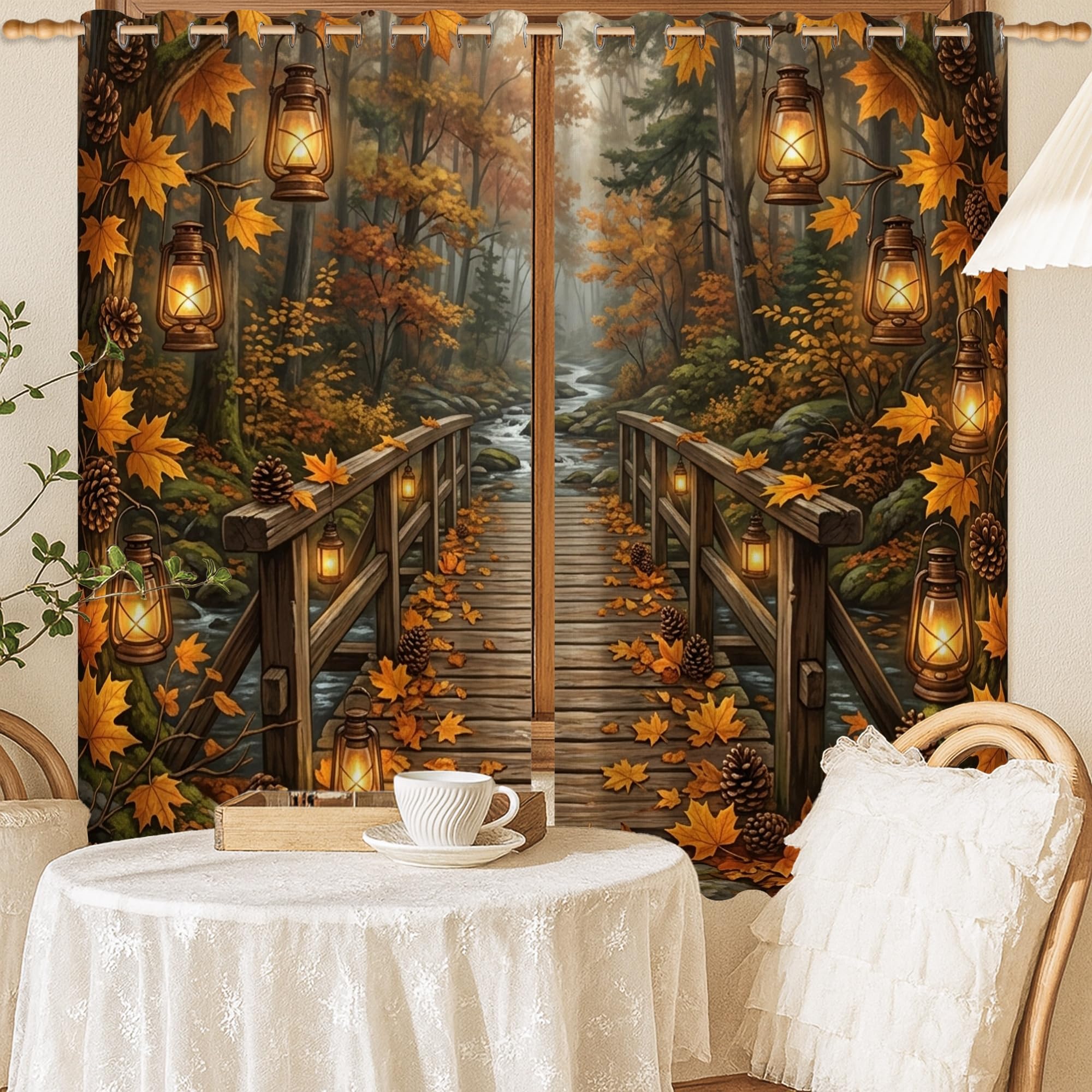 Rideaux occultants pour salon et bureau à motif rustique de pont de nature orange