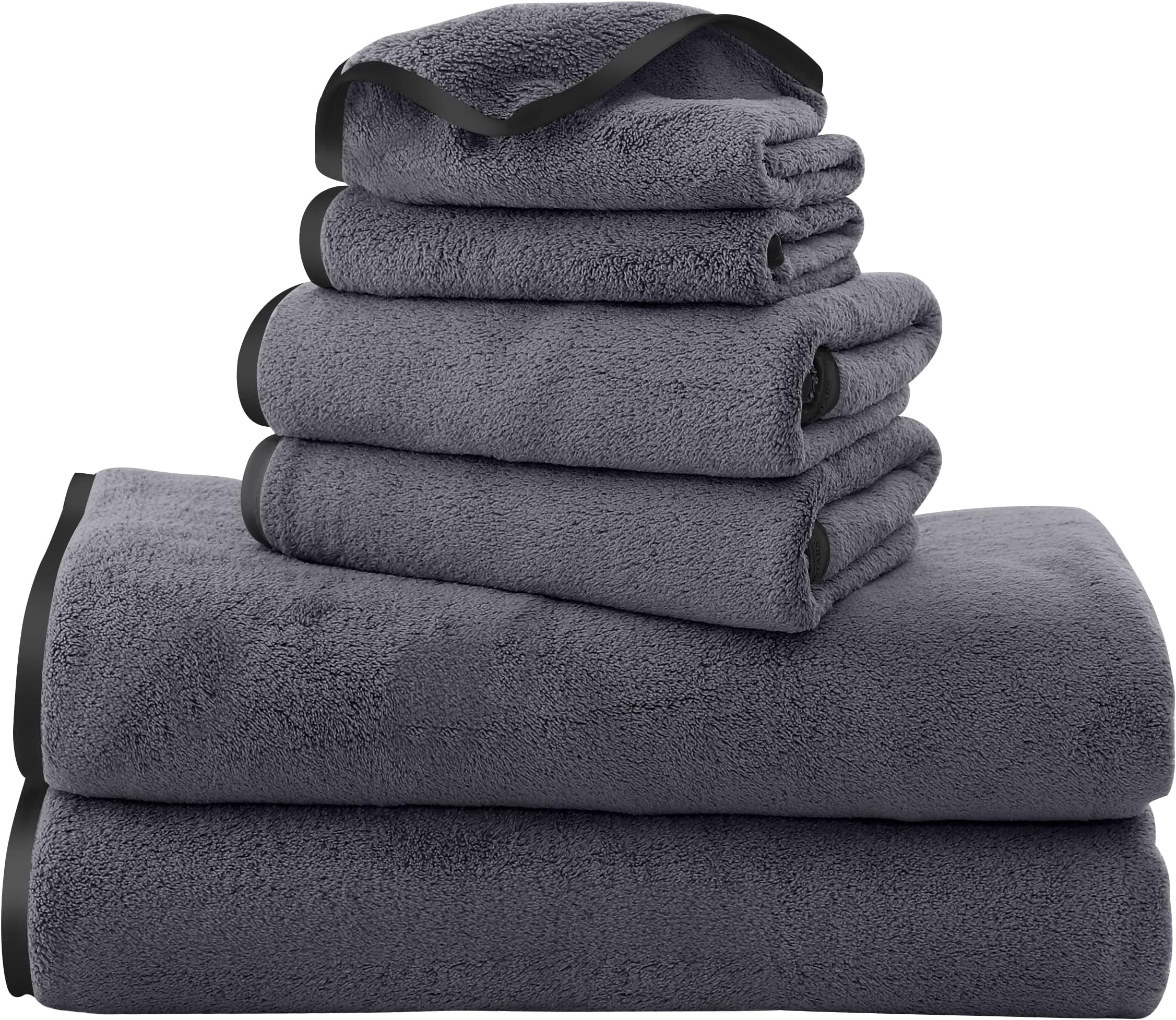 TENSTARS Luxury Silk Hemming Towel Set - Light Thin Quick Drying - 2 Bath Towels 2 Hand Towels 2 Washcloths - Ultra Soft Microfiber, for Bath Fitness, Sports, Yoga, Travel (Dark Grey 6 Pieces)