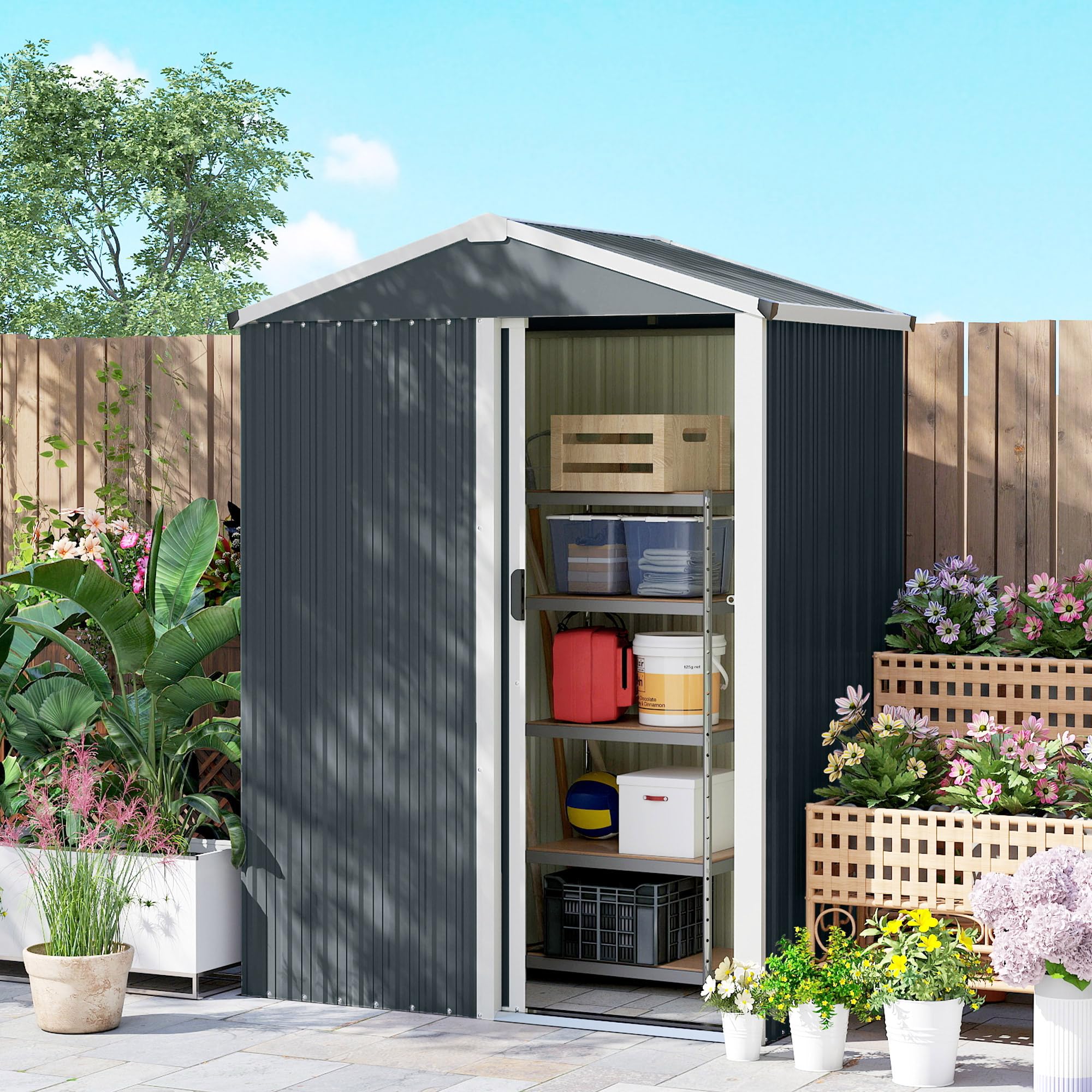 Outsunny Caseta de Jardín Exterior 1,1 m², 136x87x179 cm, Cobertizo de Jardín Exterior Metálico con Puerta Corredera, Techo Inclinado y Guantes, para Almacenaje de Herramientas, Gris Oscuro — view 8