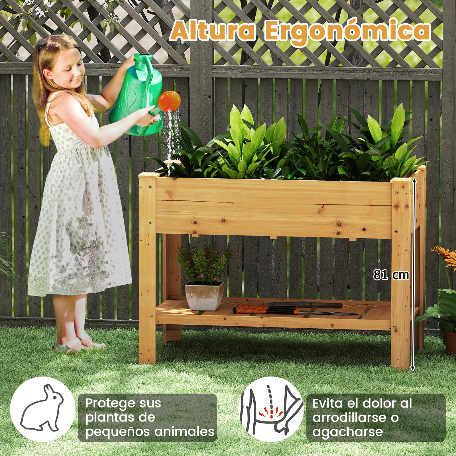 COSTWAY Cama de Jardín Elevada de Madera, Jardinera Elevada con Estante, Drenaje, Contenedor para Flores, Hierbas, Vegetales, Caja de Plantar para Interiores y Exteriores, 120x60x80 cm (Natural)