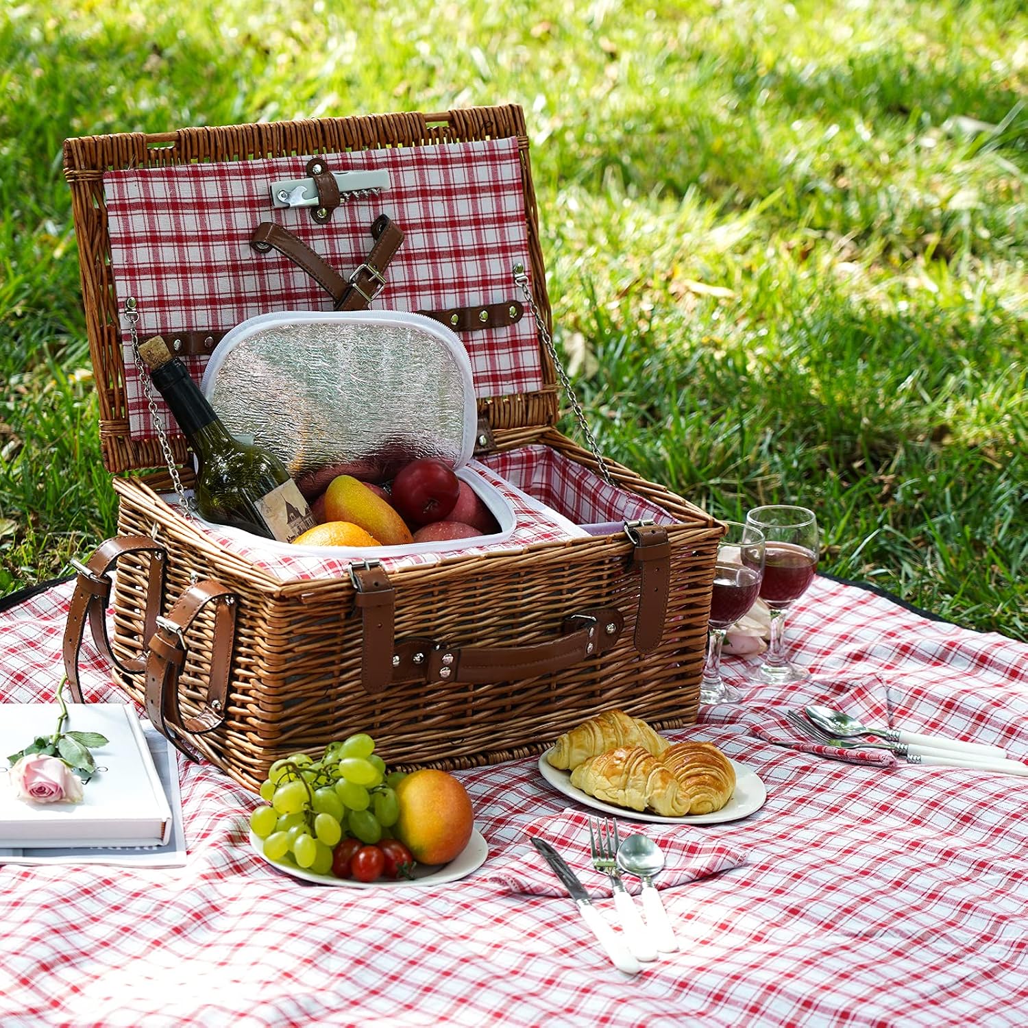 Natural Wicker Picnic Hamper Set with Large Insulated Cooler Compartment, Willow Hamper with Liner for Camping, Outdoor, Valentine Day, Thanks Giving, Birthday, Chiristmas Red