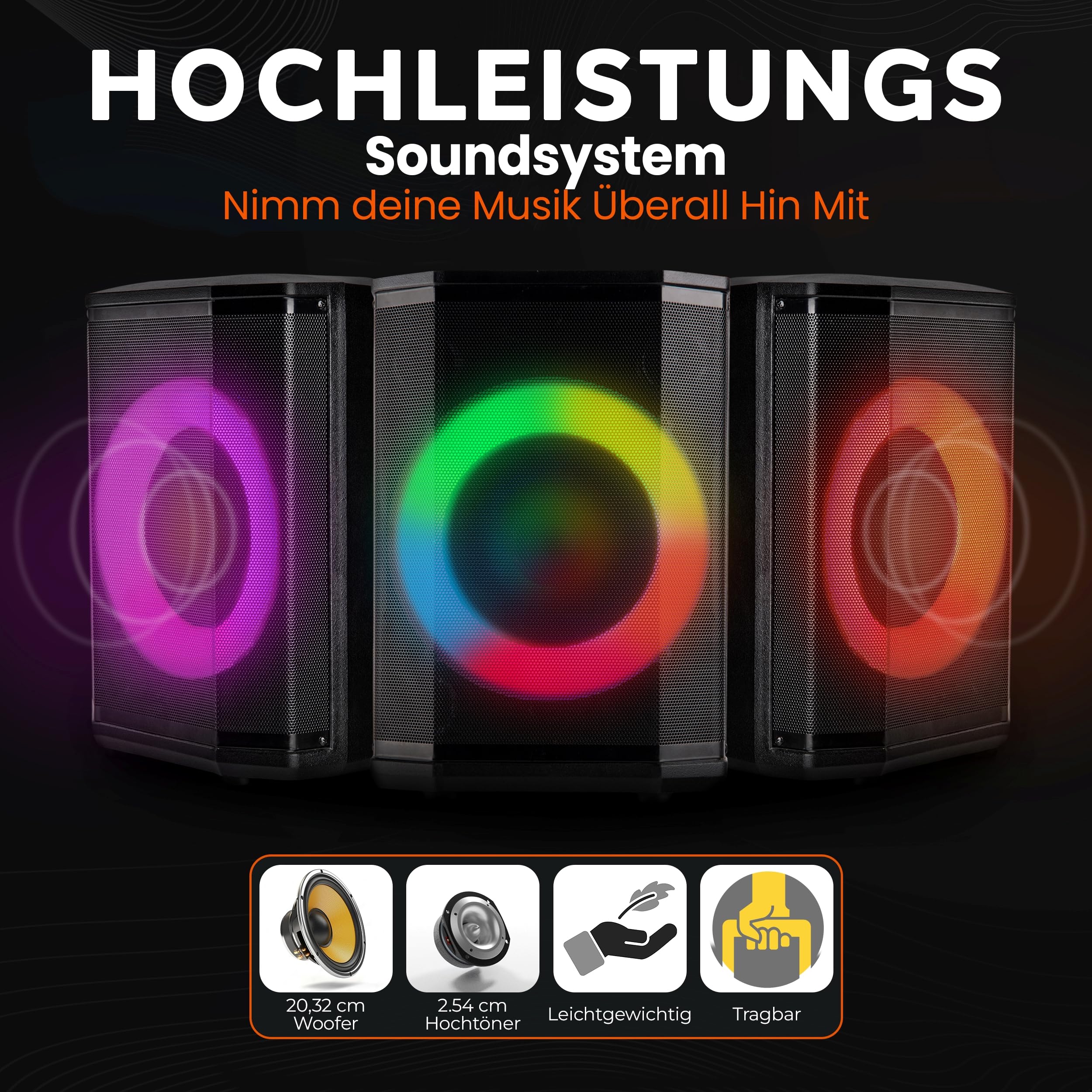 Pyle Partybox Bluetooth Lautsprecher 120W TWS – Kompakte PA Anlage mit kraftvollem Sound, LED Lichteffekte, Stativ, USB, Micro SD, FM Radio