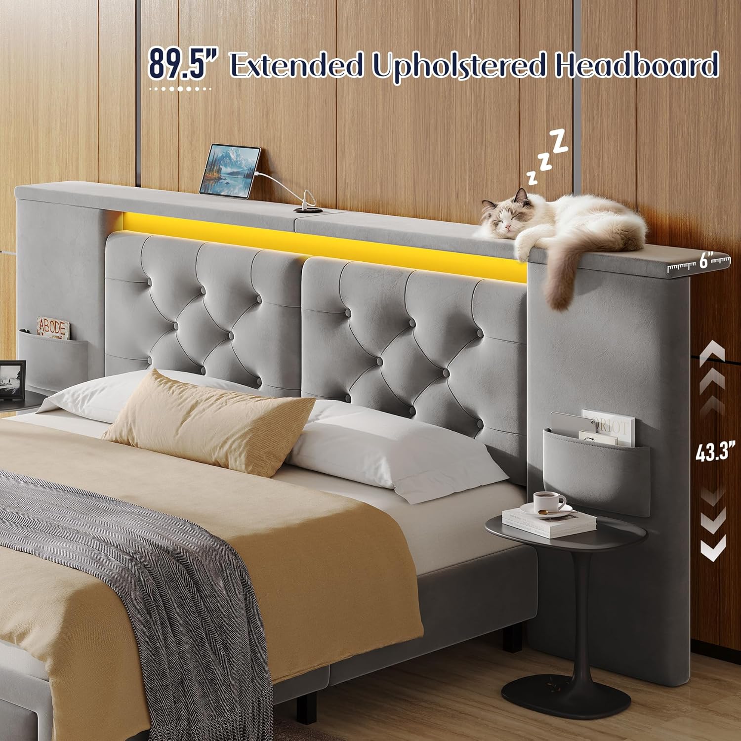 Homkdom Queen Size Bed Frame with Oversized Headboard, Velvet Platform Bed Frame with 2 Storage Drawers,LED Light,Charging Station,No Box Spring Needed,Noise-Free,Grey
