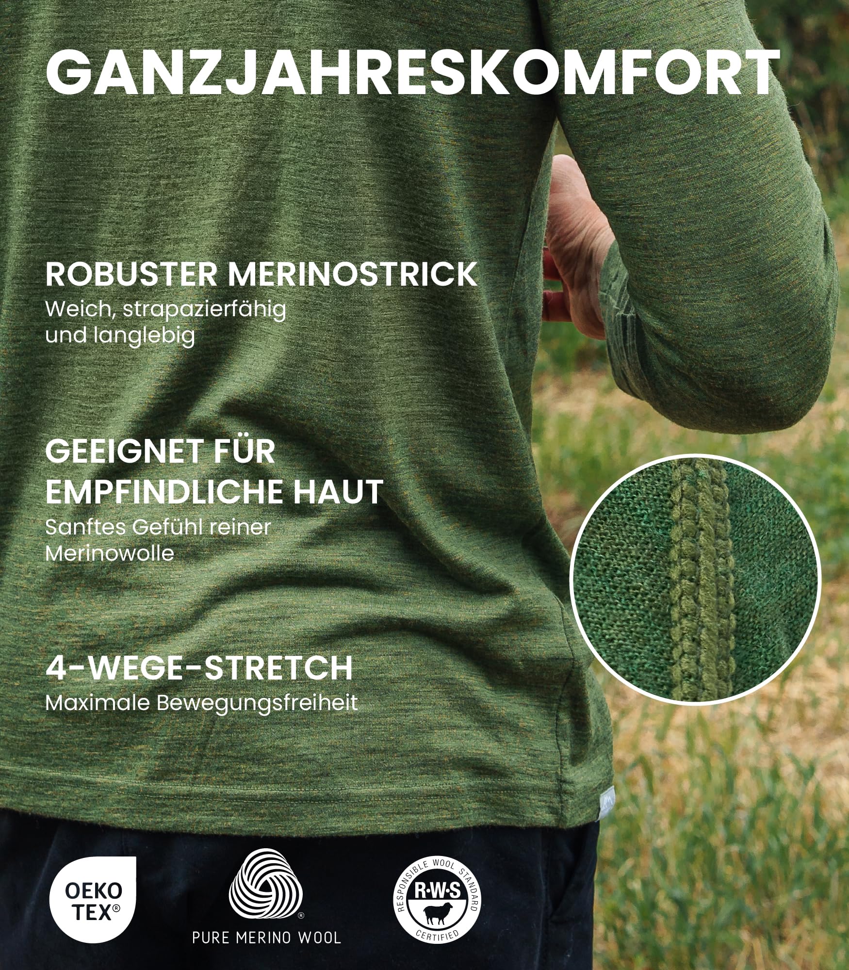 Merino Langarmshirt Herren Atmungsaktiv Feuchtigkeitsableitend Wollsocken