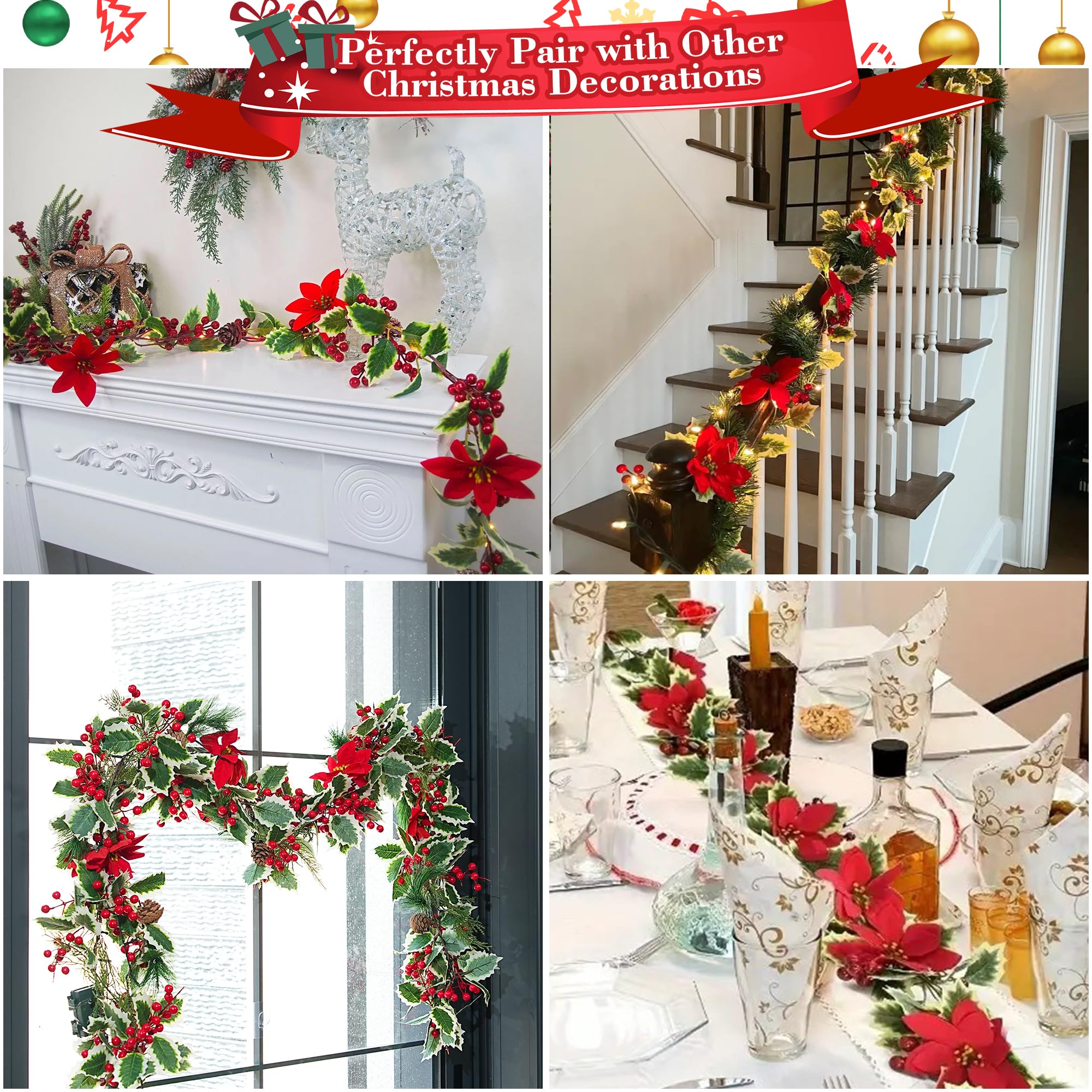 2 guirnaldas de Navidad con 20 luces LED, guirnalda de 6.5 pies, decoraciones de Navidad para interiores, múltiples modos, guirnaldas de Navidad con acebo de Pascua por iluminación, guirnalda de