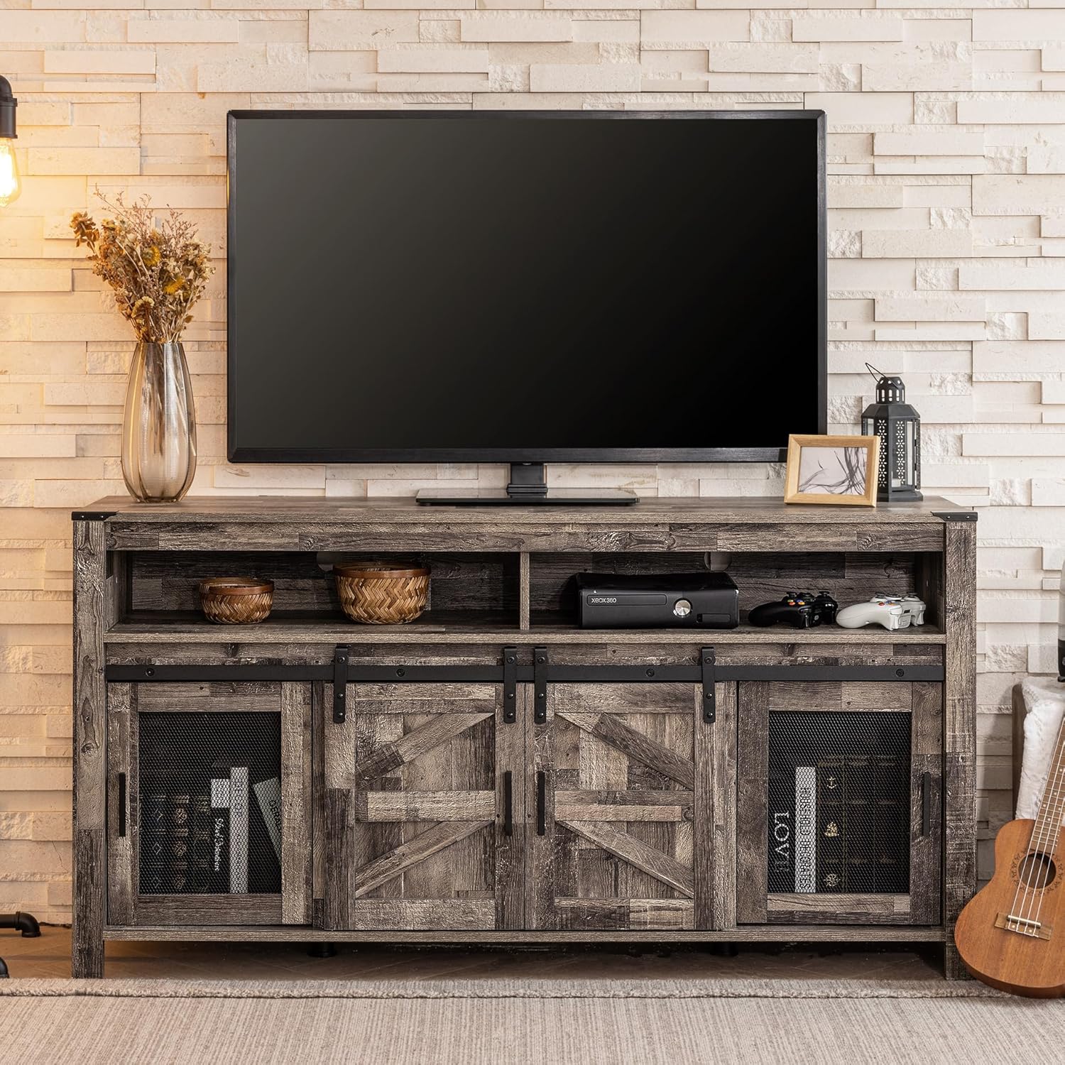 WAMPAT Farmhouse TV Stand with Barn Doors for 65 Inch TV