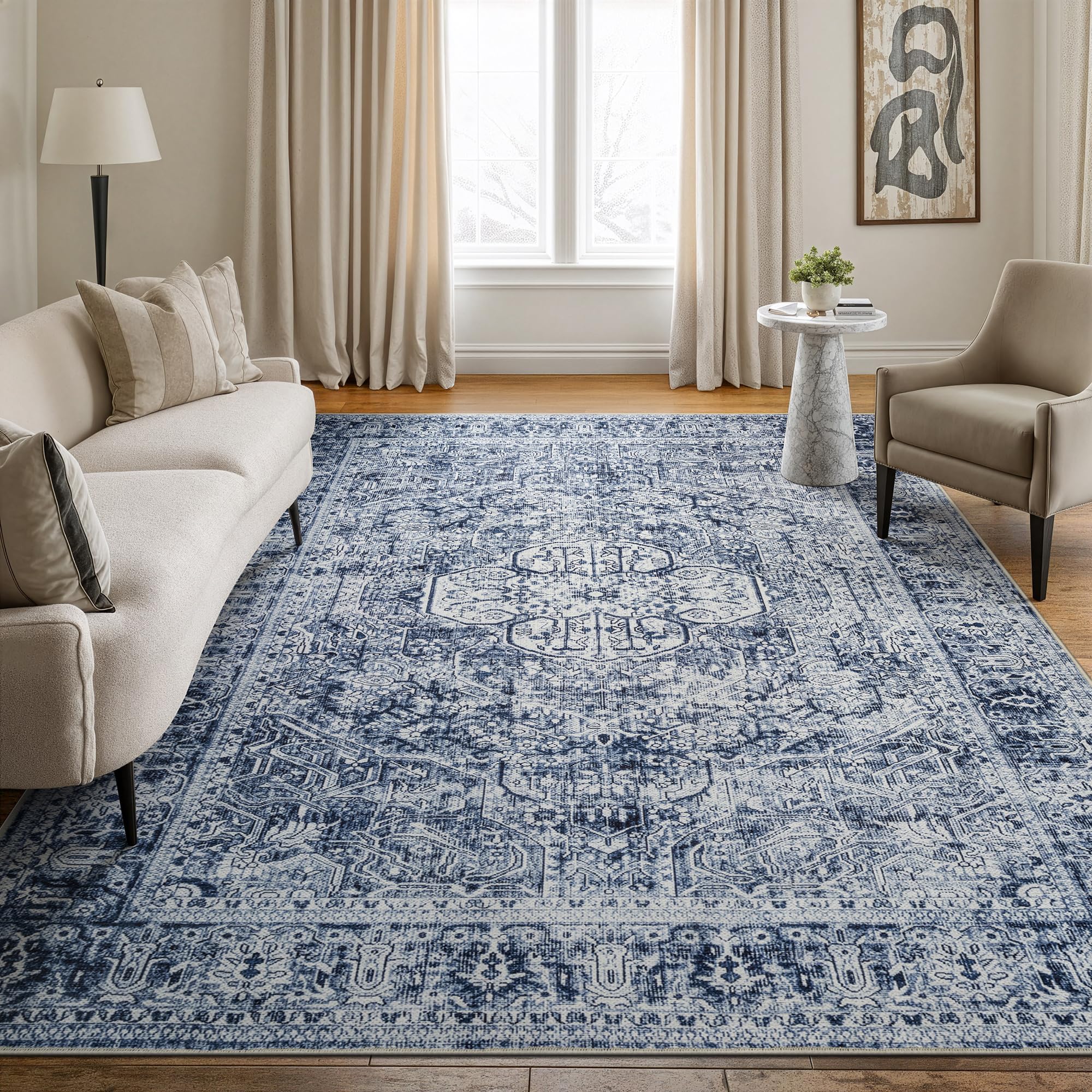 Bloom Rugs Washable Non-Slip 8' x 10' Rug - Ivory/Denim Blue Traditional Medallion Area Rug for Living Room, Bedroom, Dining Room, and Kitchen - Exact