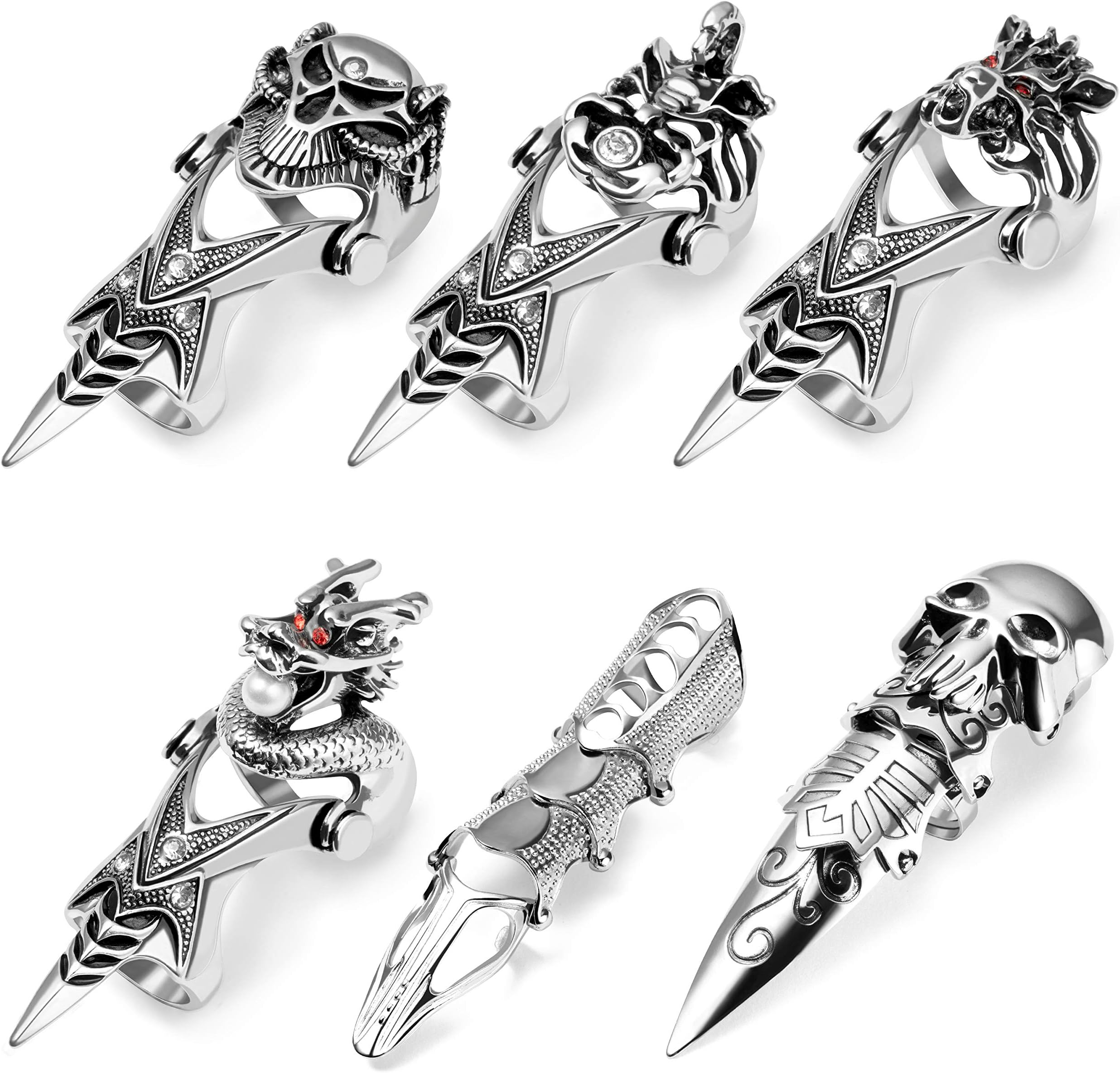 PANTIDE 6 Pcs Punk Gothic Knuckle Joint Full Finger Double Rings, Silvery Armour Cool Rings Punk Rock Hinged Loop Activity Rings for Men Women Halloween Cosplay Costume Accessories Jewelry Gifts